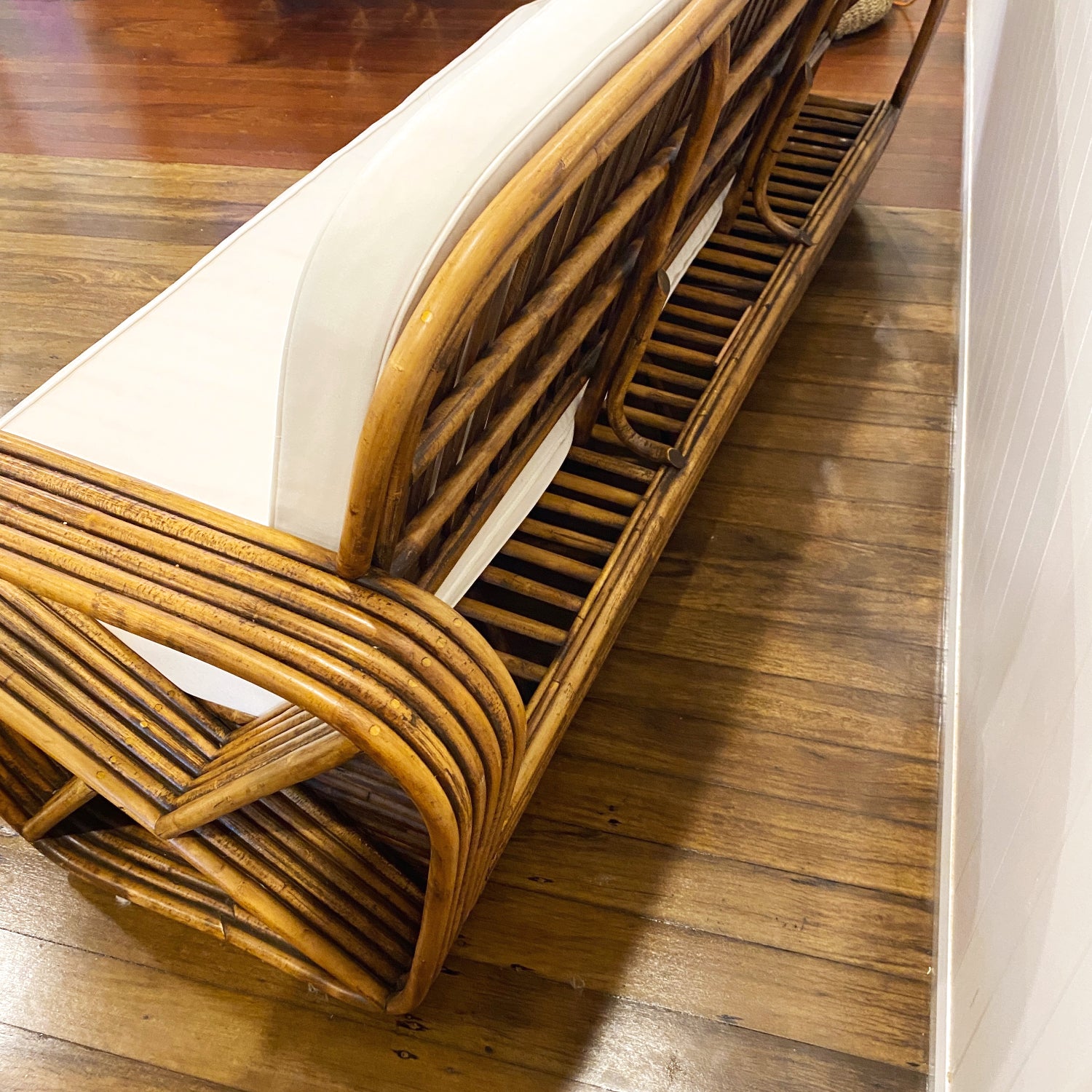 Midcentury Six Strand Rattan 3 Seater Lounger - Caramel