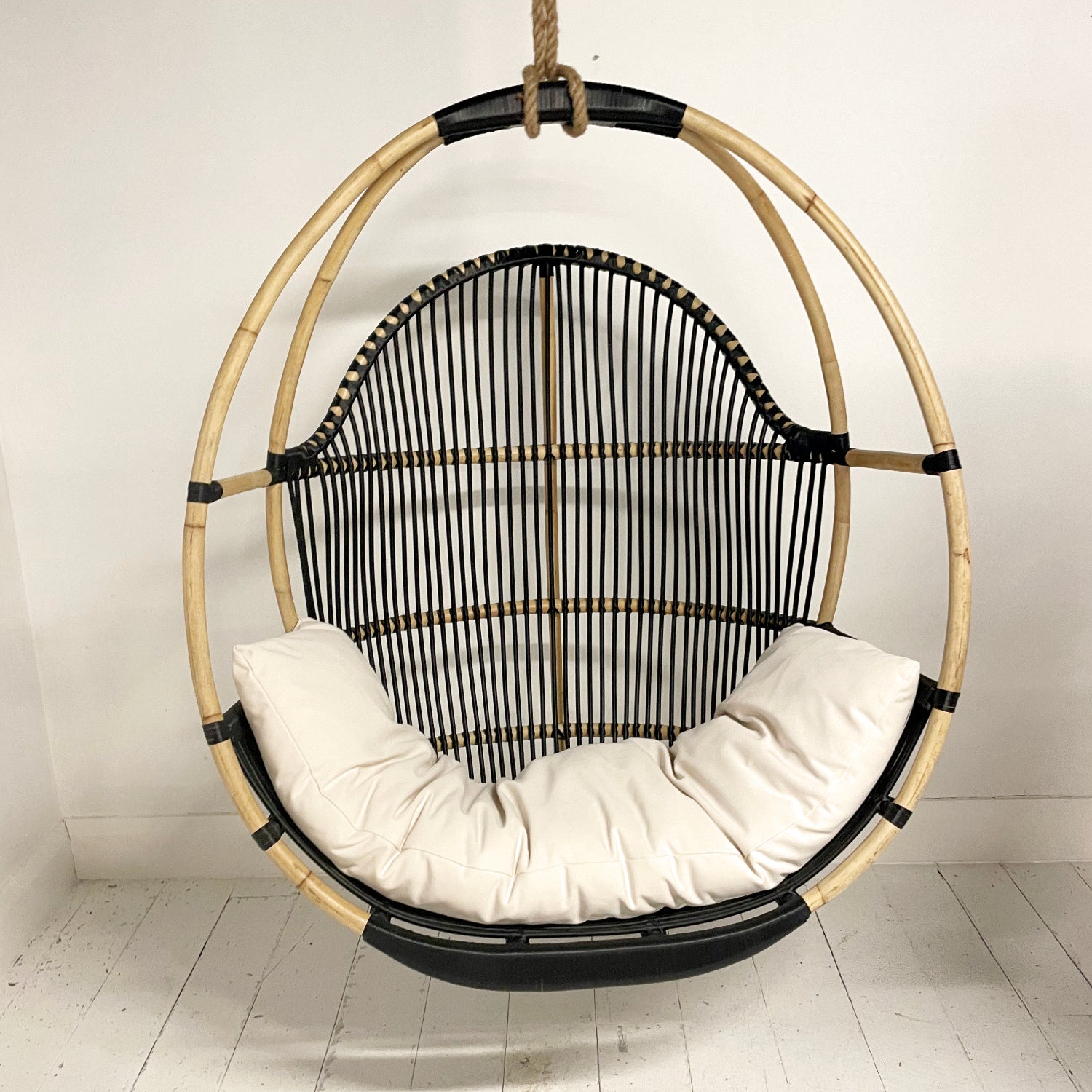 Round Single Cane Hanging Chair - Black & Natural