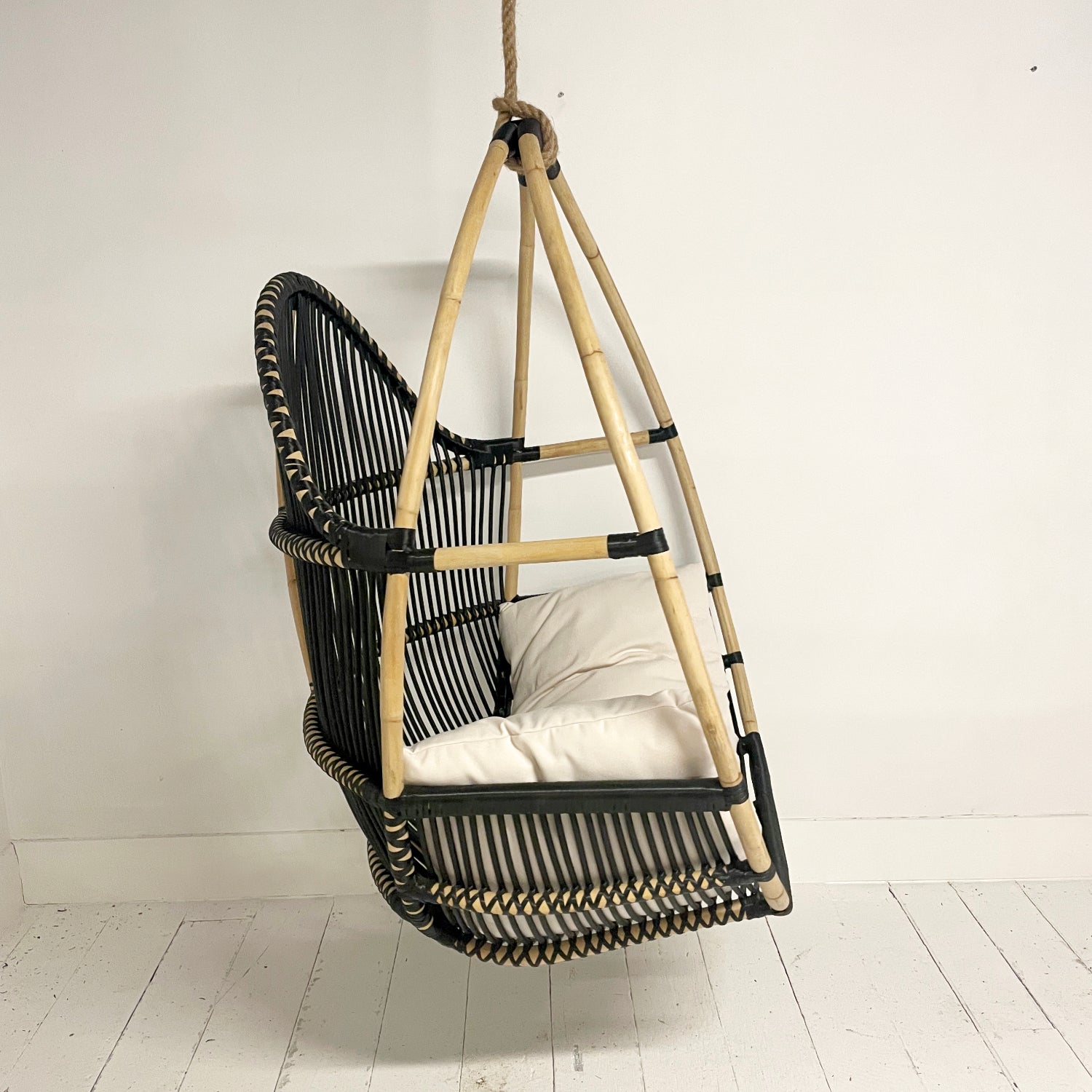 Round Single Cane Hanging Chair Black & Natural Paradise Living Co.
