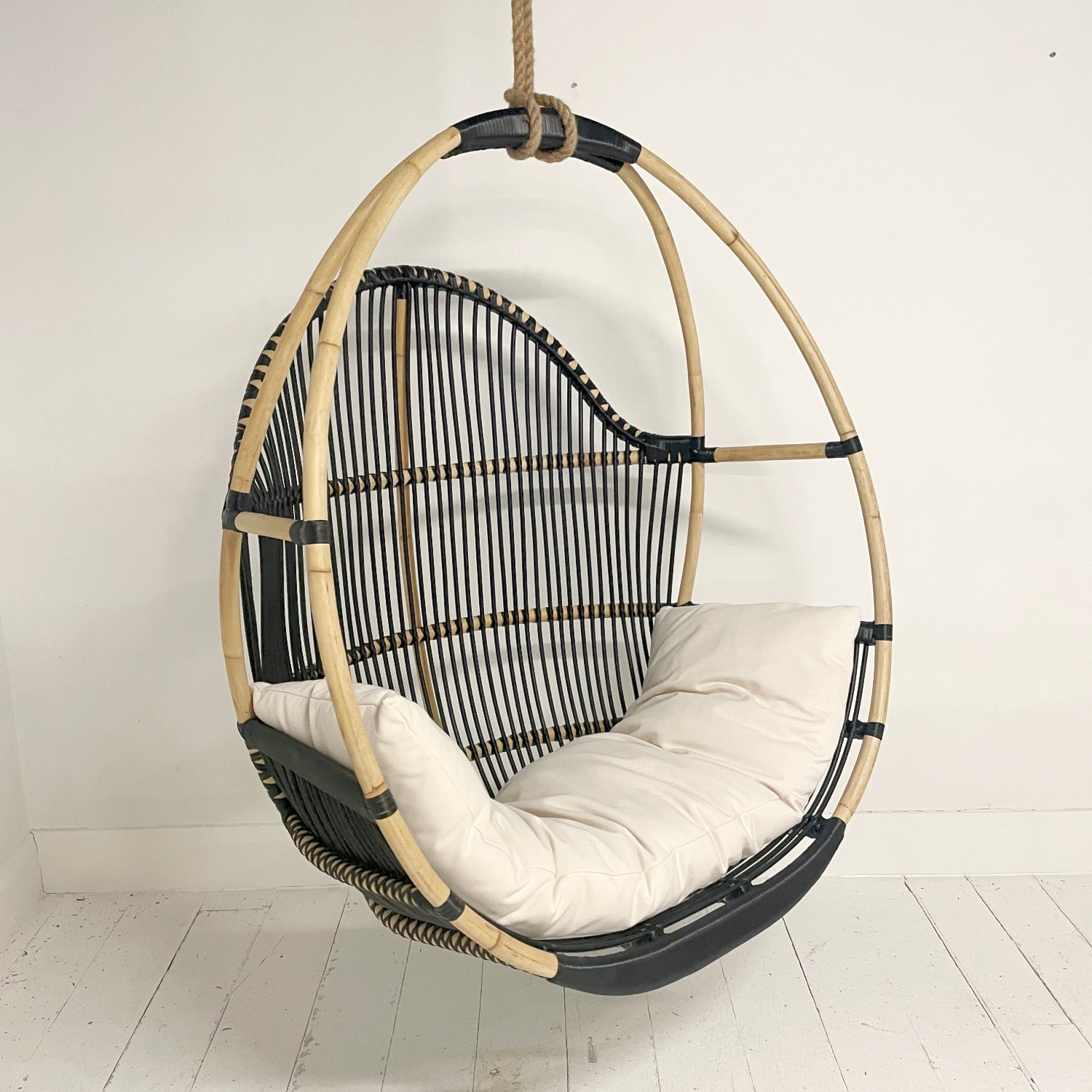Round Single Cane Hanging Chair Black & Natural Paradise Living Co.