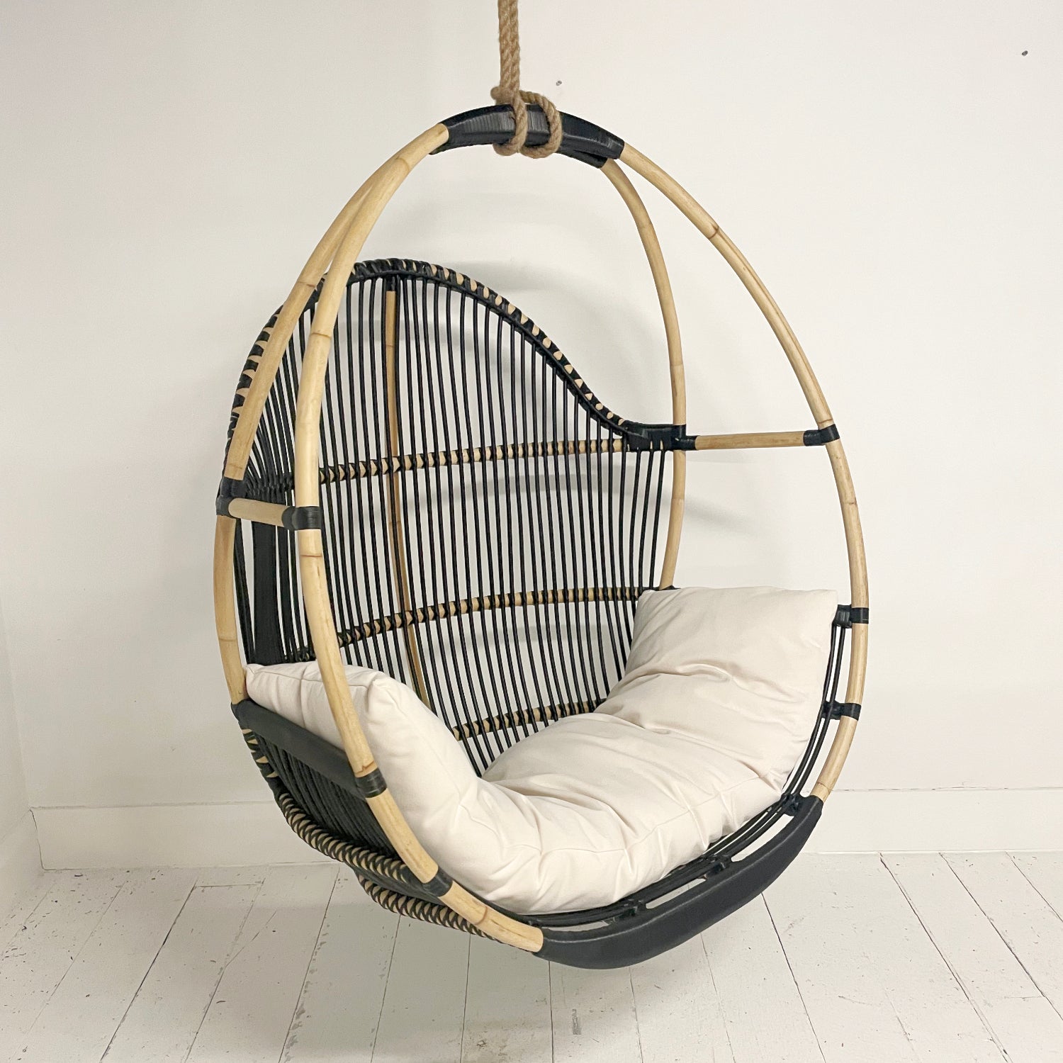 Round Single Cane Hanging Chair - Black &amp; Natural | Pre Order