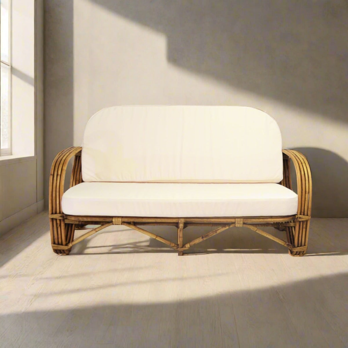 Caramel Pretzel Rattan 2 Seater Lounge - Cream Cushion