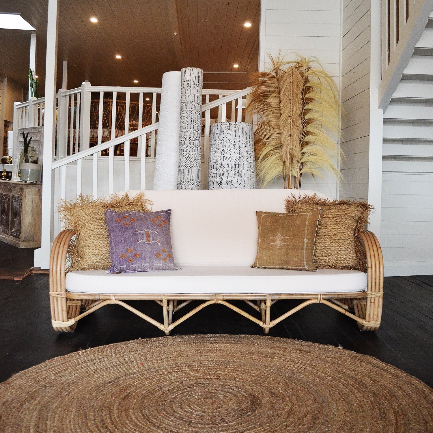 Natural Pretzel Rattan 3 Seater Lounge - Cream Cushion