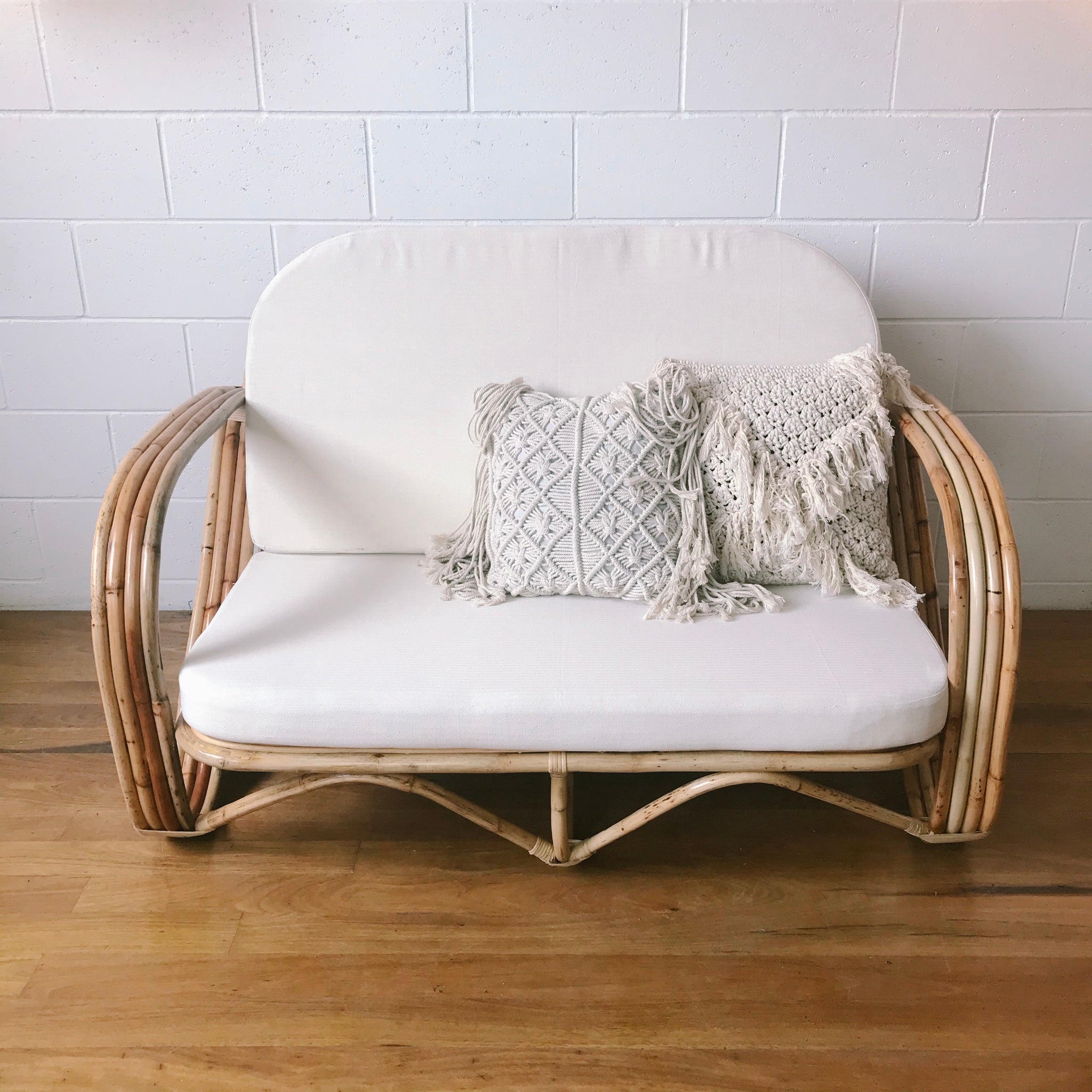 Natural Pretzel Rattan 2 Seater Lounge - Cream Cushion