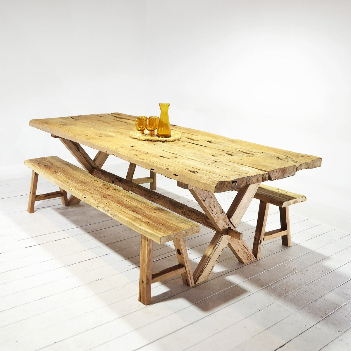 Rustic Teak Timber Cross Leg Dining Table 2.5m x 1m