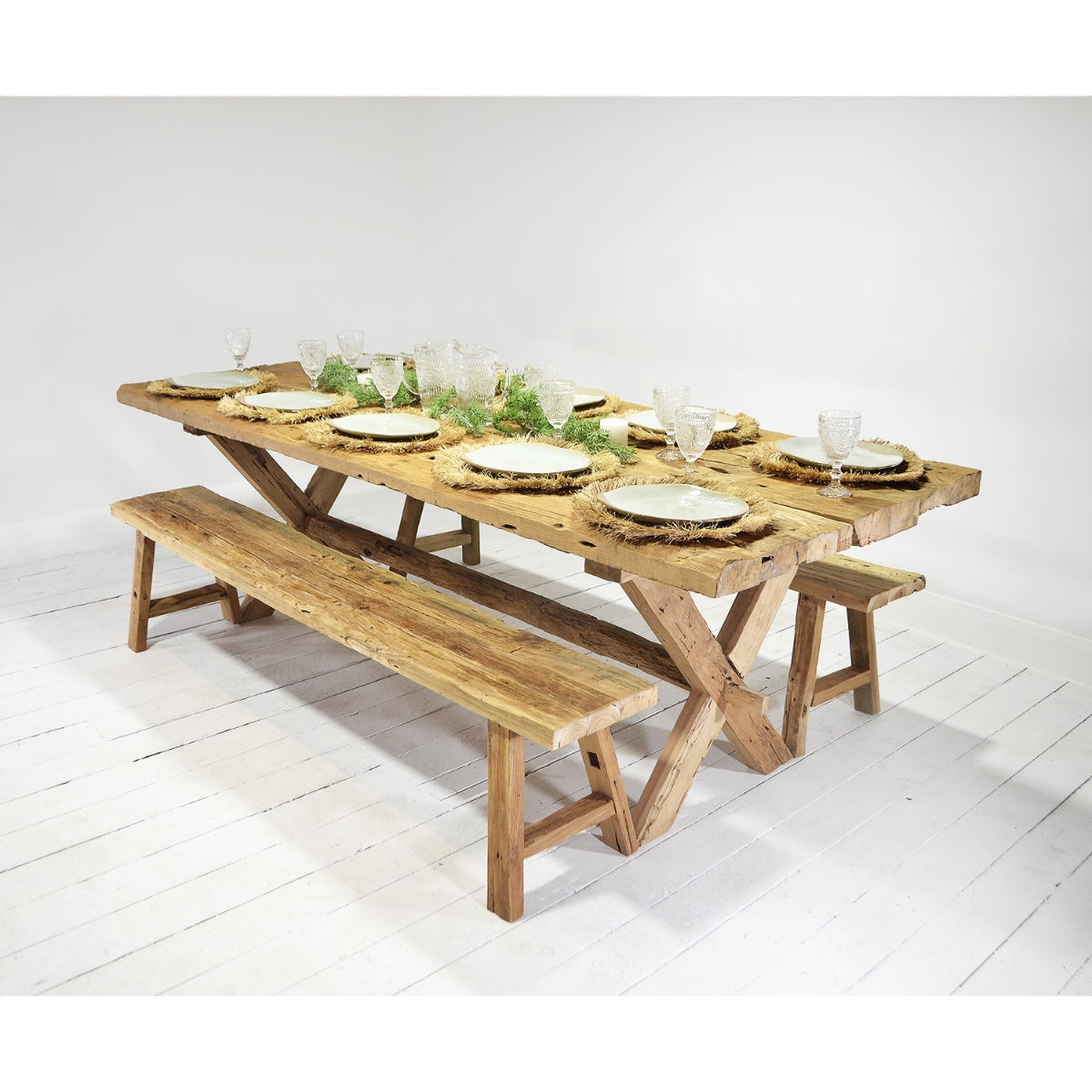 Rustic Teak Timber Cross Leg Dining Table 2.5m x 1m