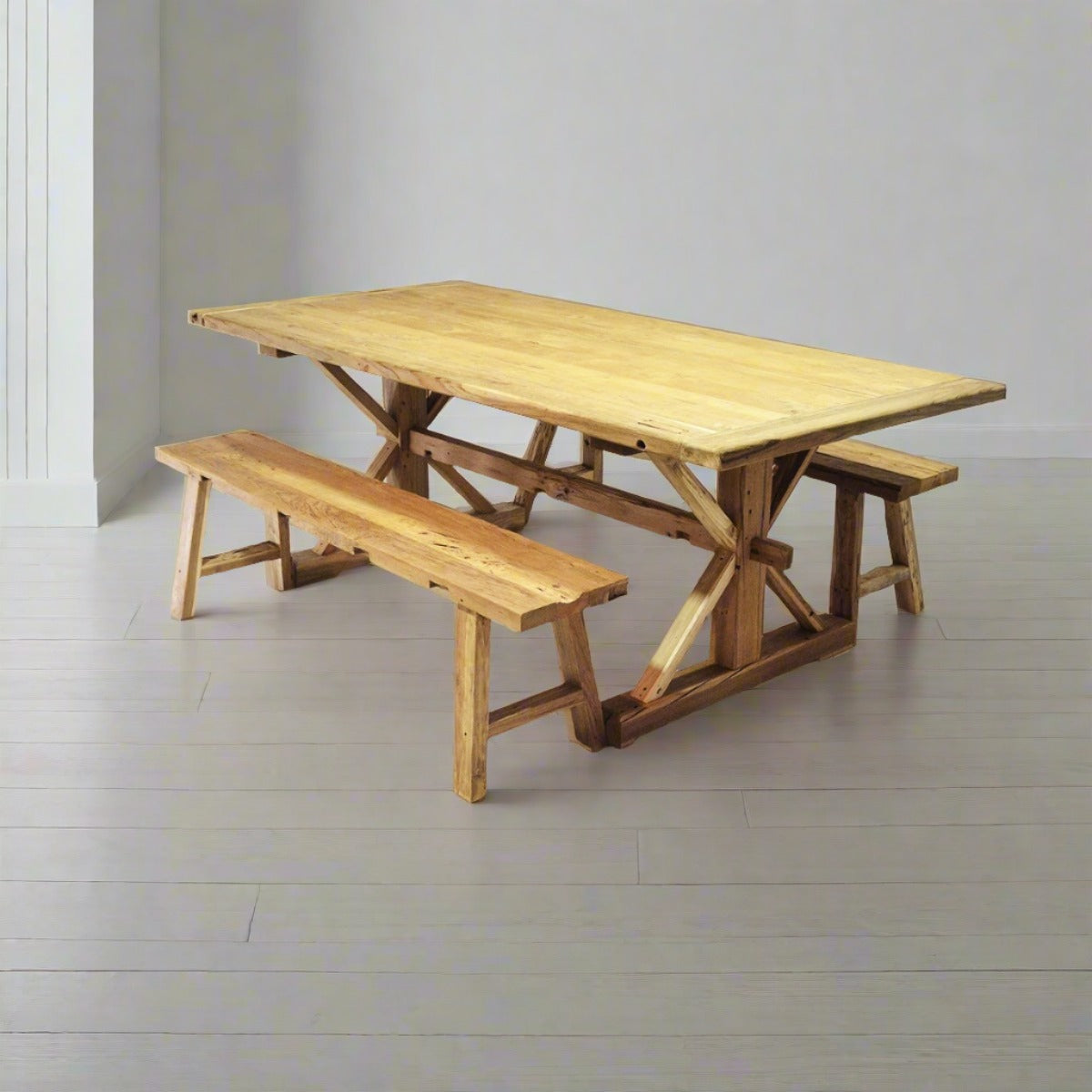 Teak Timber Cross Leg Dining Table 2m x 1m