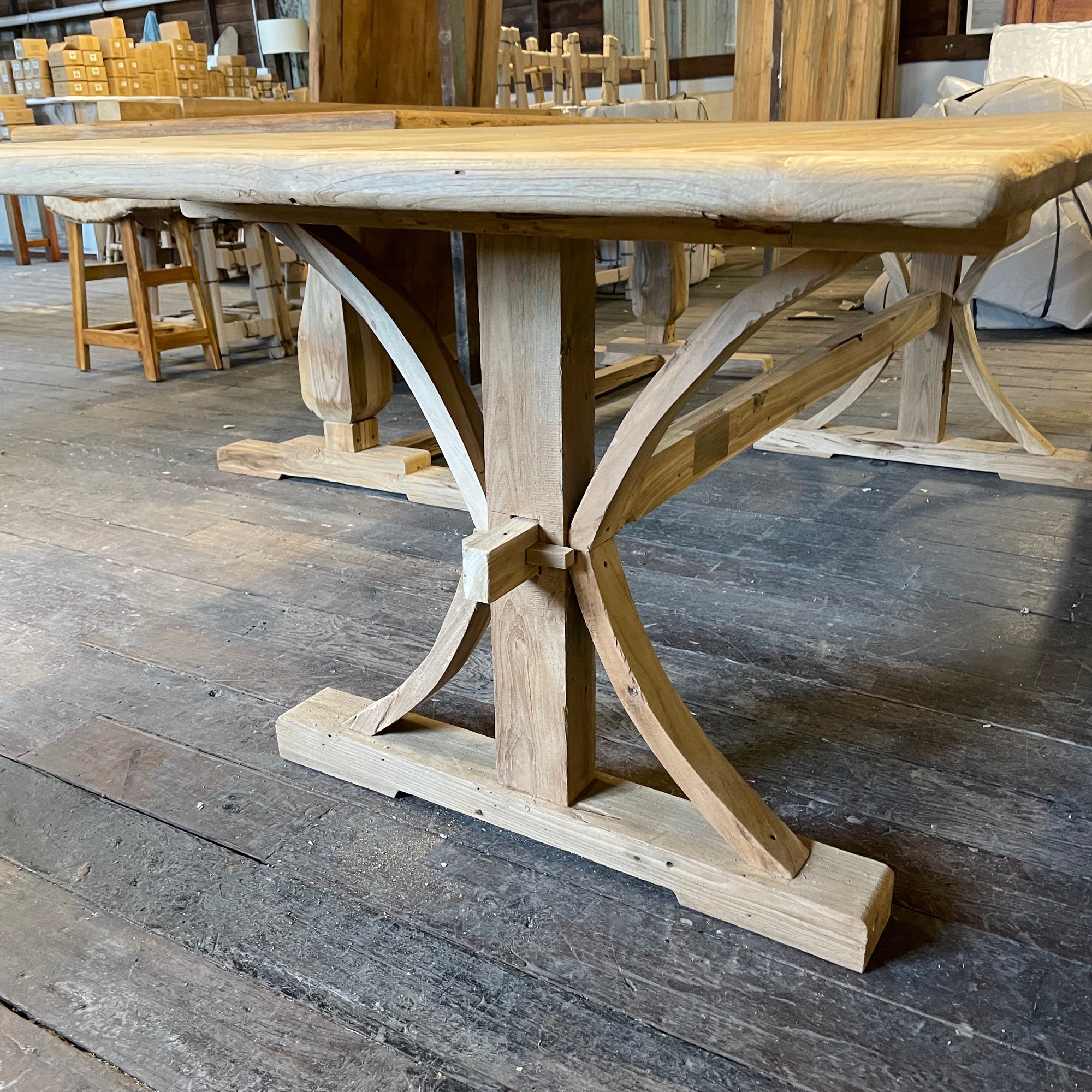 Teak Timber Curved Cross Leg Dining Table 2.5m x 1m