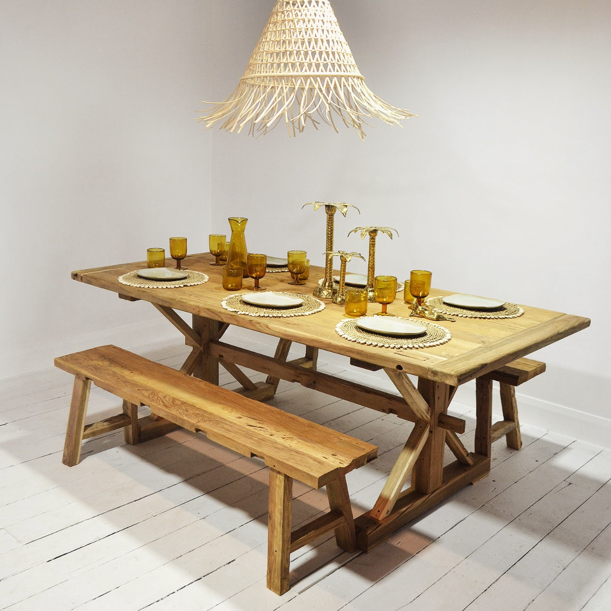 Teak Timber Cross Leg Dining Table 2m x 1m