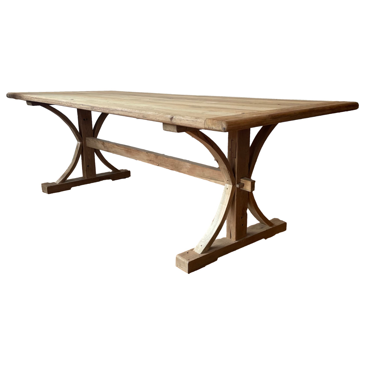 Teak Timber Curved Cross Leg Dining Table 2.5m x 1m