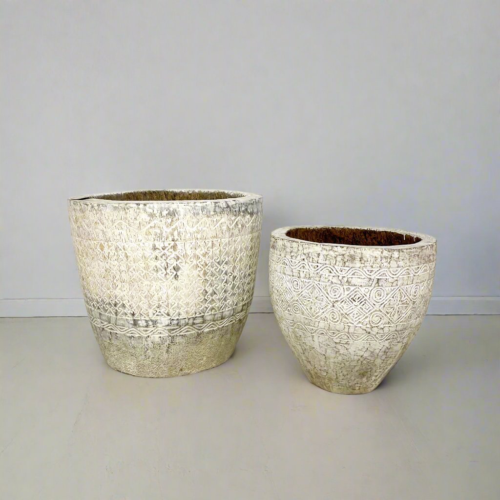 Tribal Carved Palm Pots Assorted Sizes - White Wash