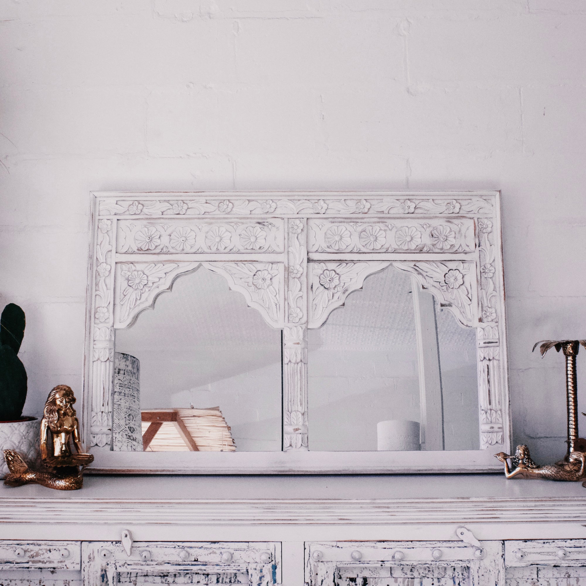 White Indian Double Arch Mehrab Mirror 80x120cm
