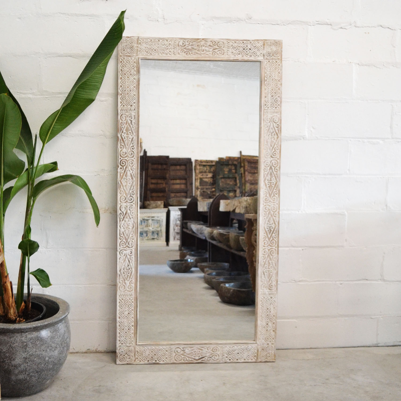 White Wash Tribal Timber Mirror 90x180cm