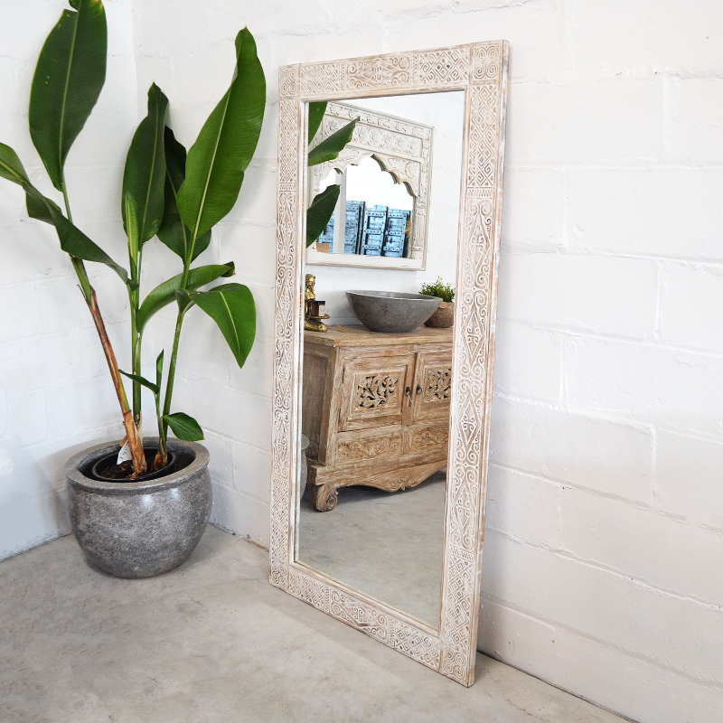 White Wash Tribal Timber Mirror 90x180cm