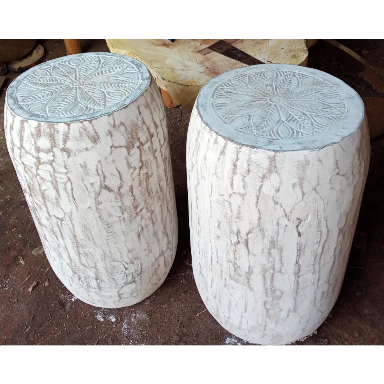 Tribal Carved Palm Stool - White Wash | Pre Order