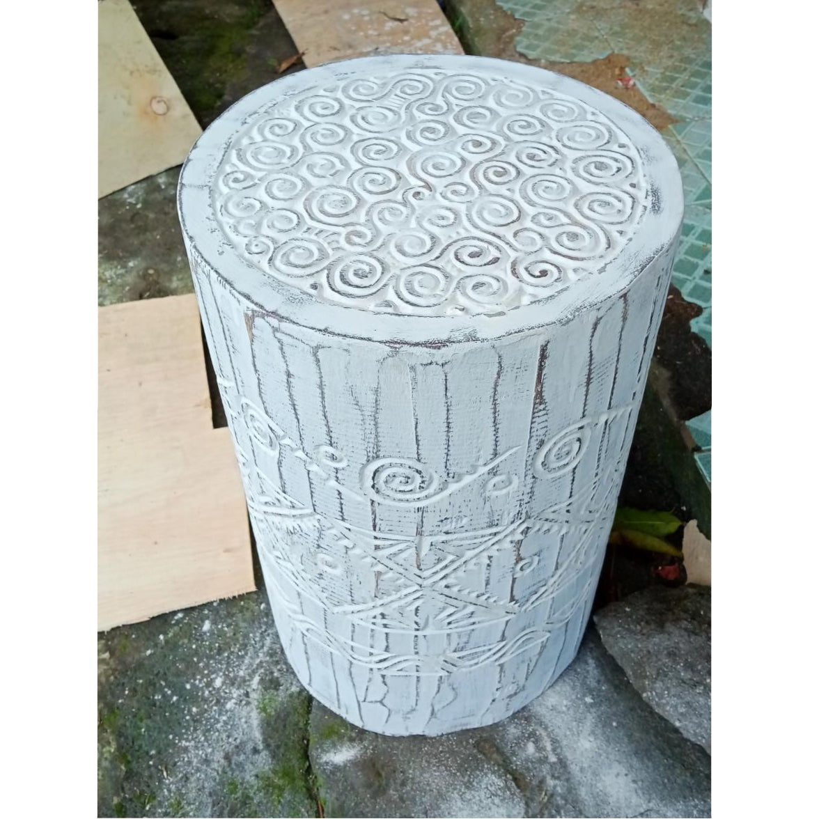 Tribal Carved Palm Stool - White Wash | Pre Order