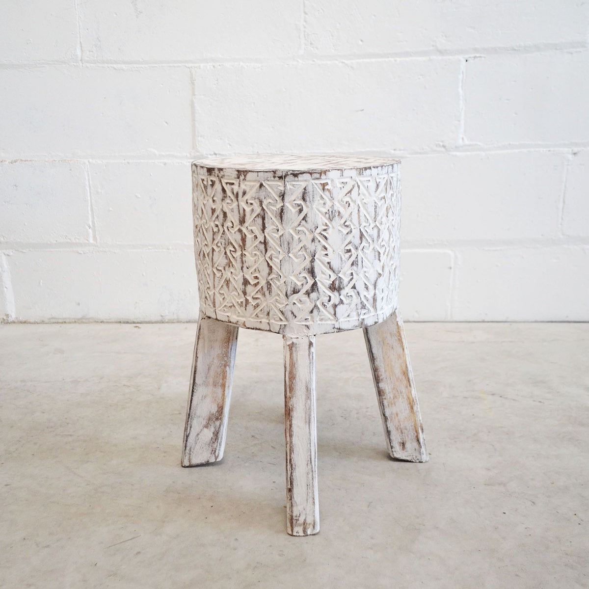 Tribal Carved Palm Stool With Legs - White Wash | Pre Order