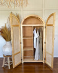 Arch Teak & Rattan Wardrobe - Shelves + Hanging