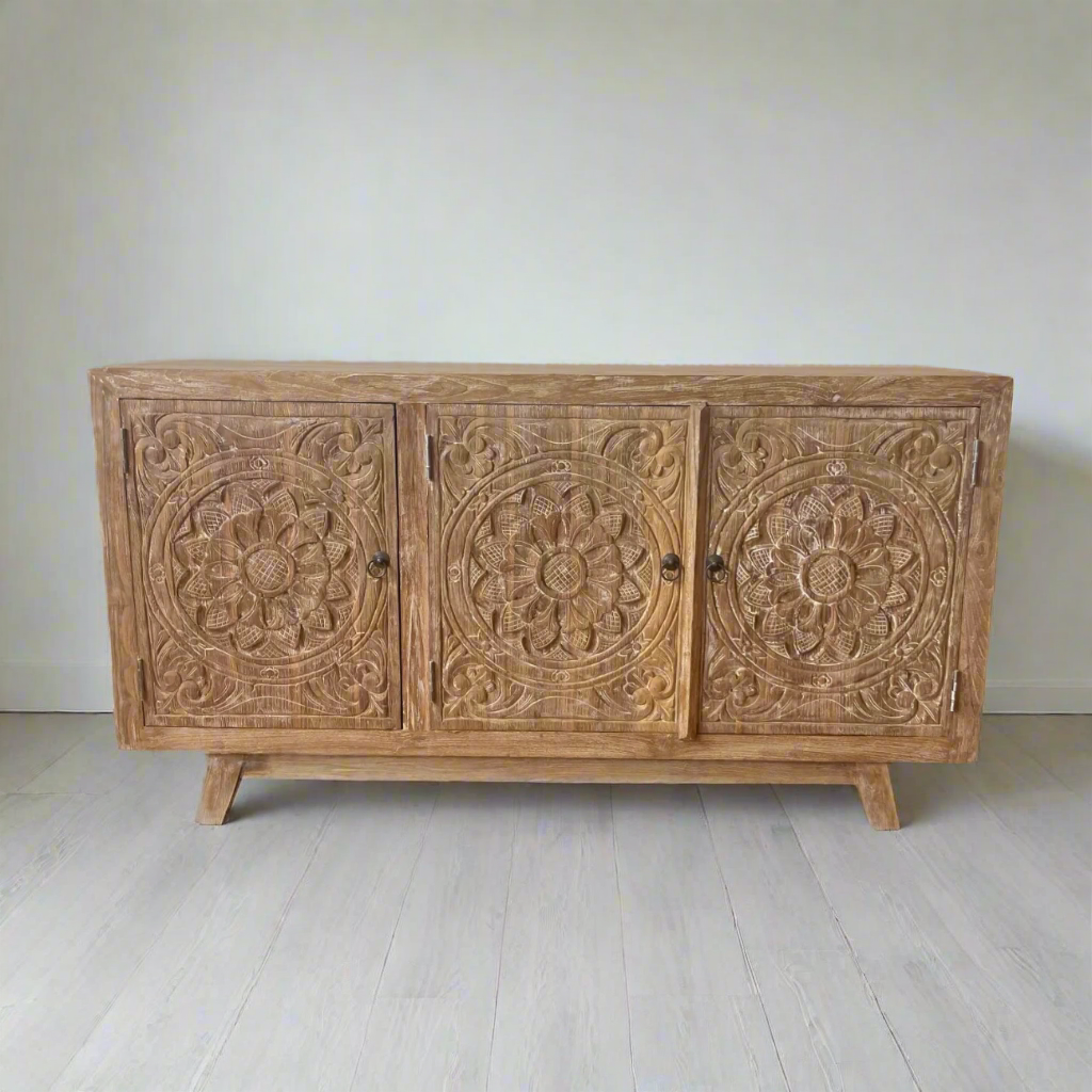 Blossom White Wash Carved Teak Vanity 150cm