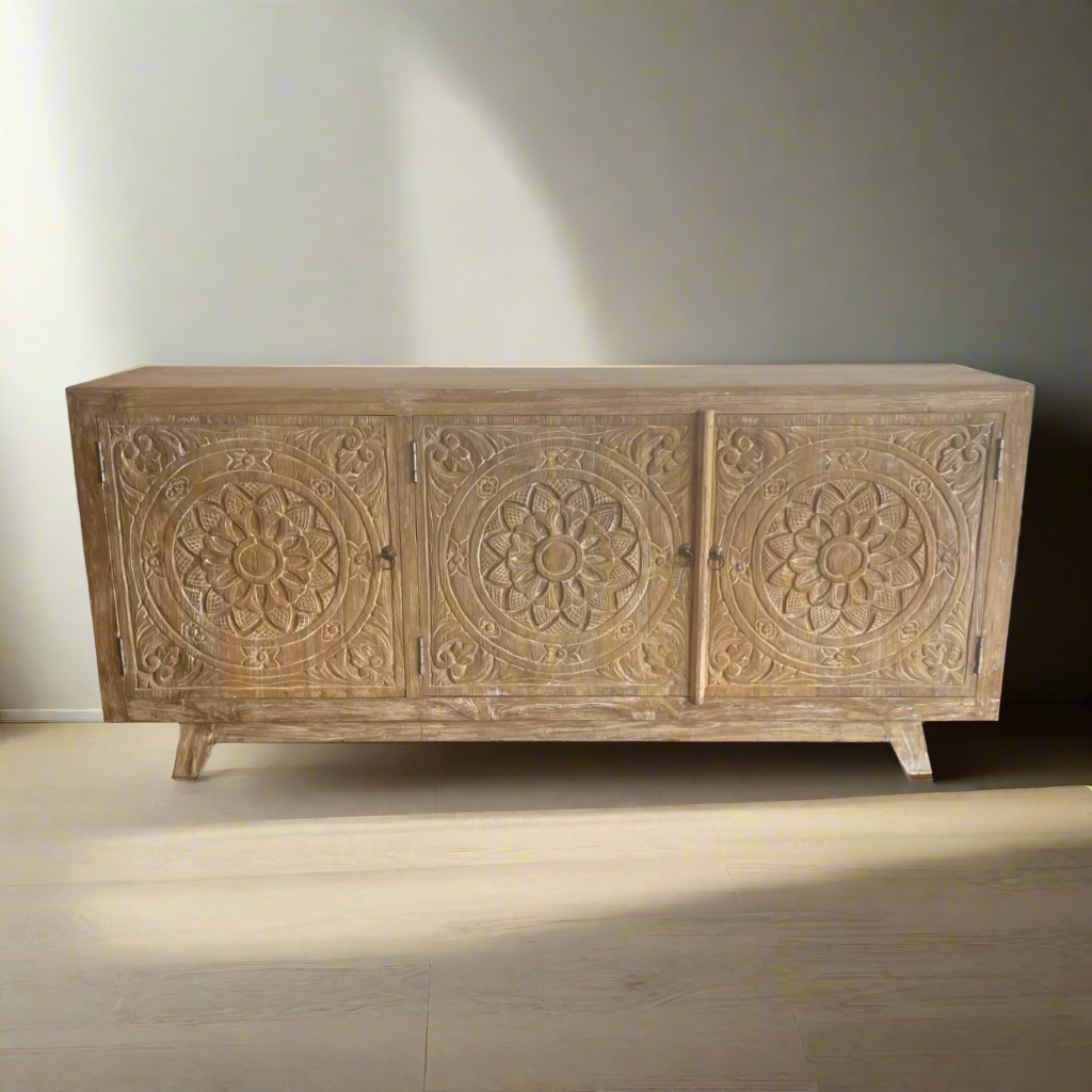 Blossom White Wash Carved Teak Sideboard 180cm