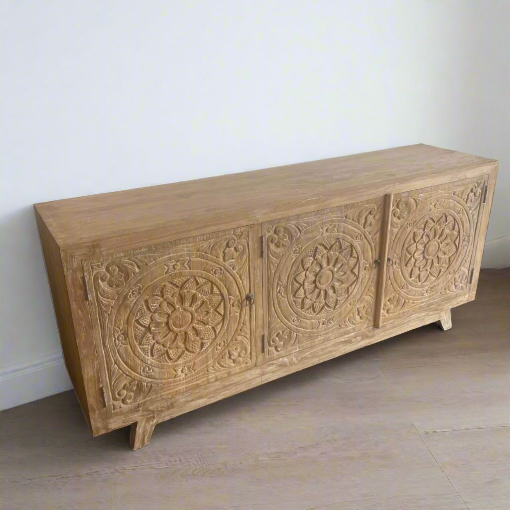 Blossom White Wash Carved Teak Sideboard 180cm