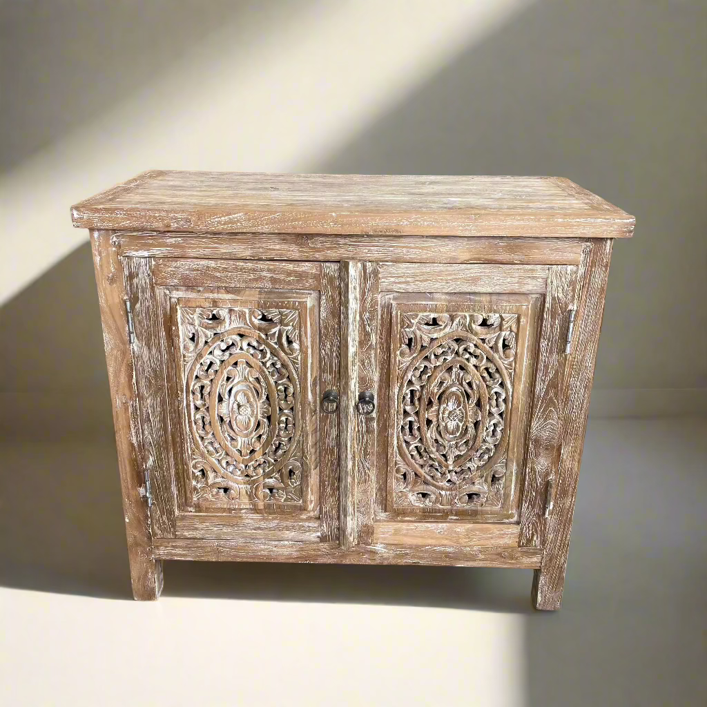 Eden White Wash Carved Teak Vanity 90cm