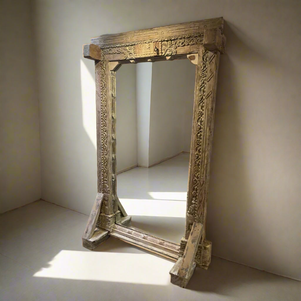 Freestanding Vintage Indian Timber Carved Mirror 