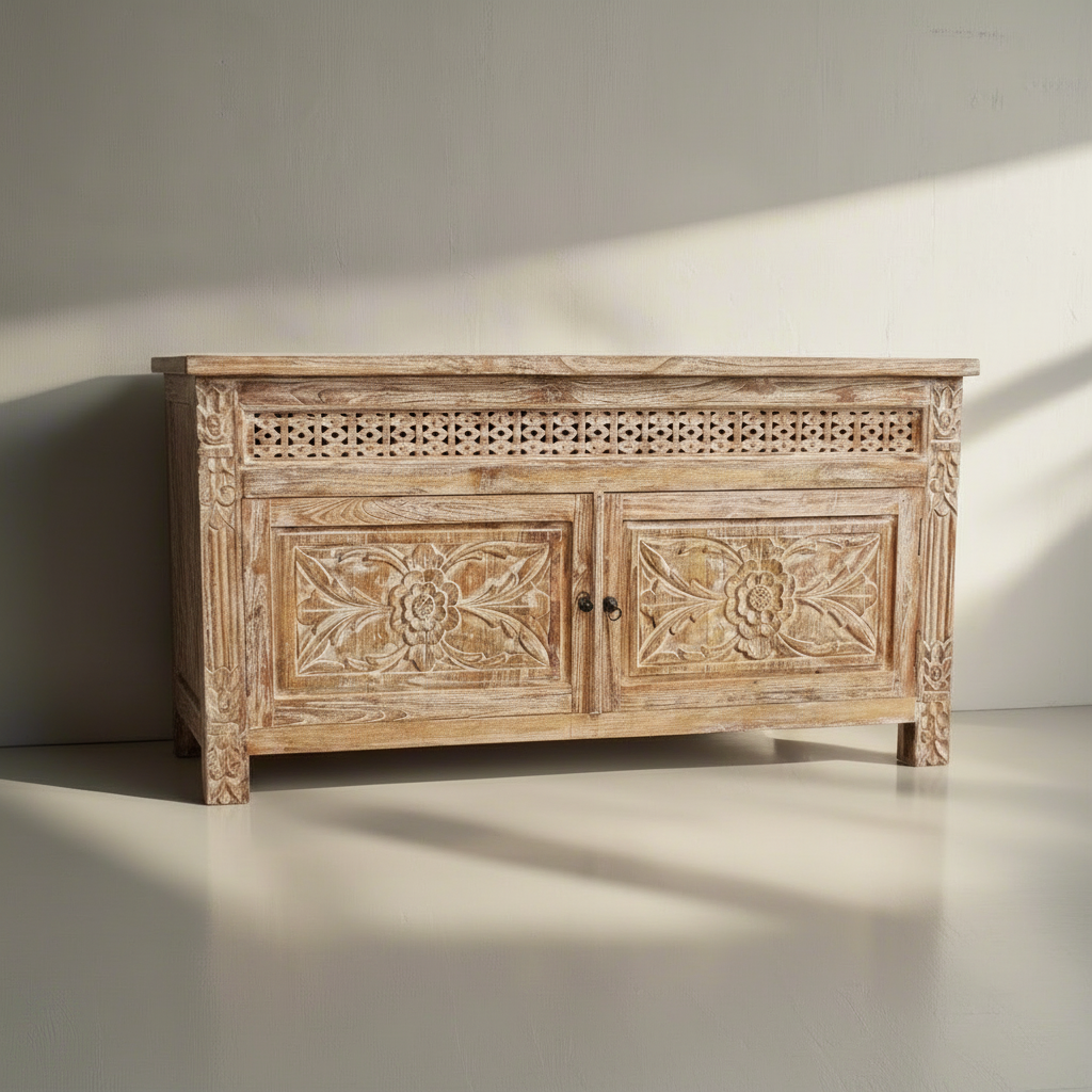 Kediri White Wash Carved Teak Vanity 150cm