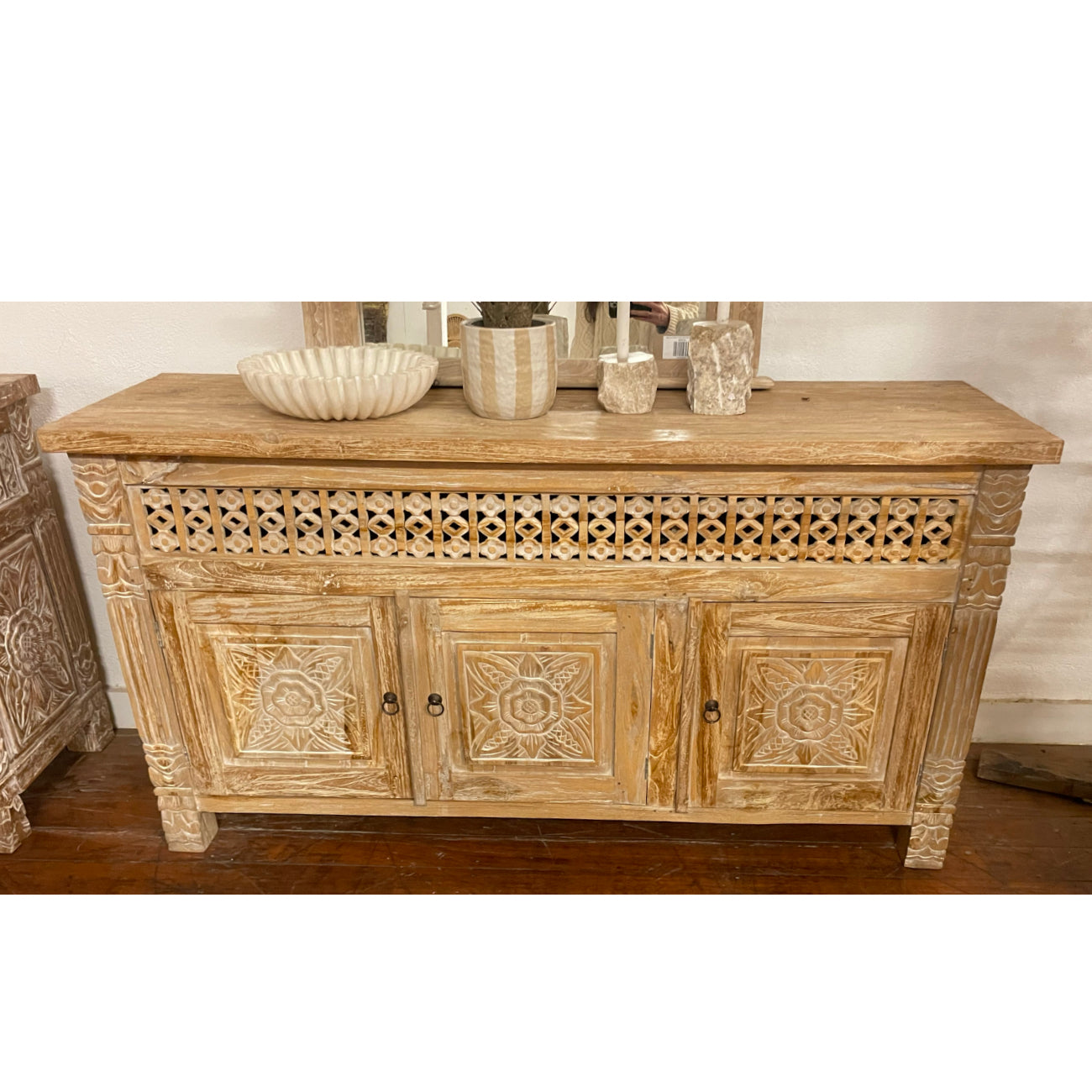 Kediri White Wash Carved Teak Vanity 150cm | 3 Door