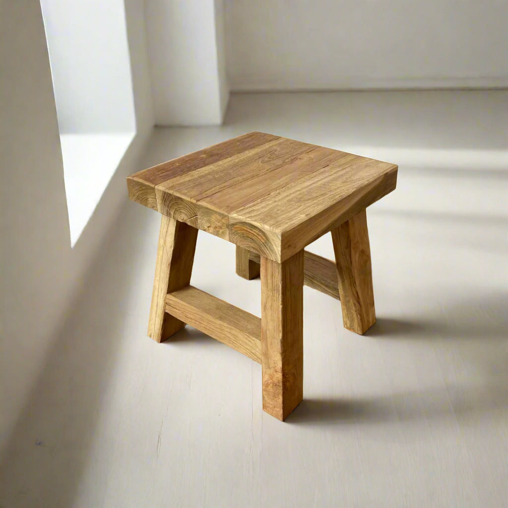 Mini Square Rustic Teak Stool 30cm