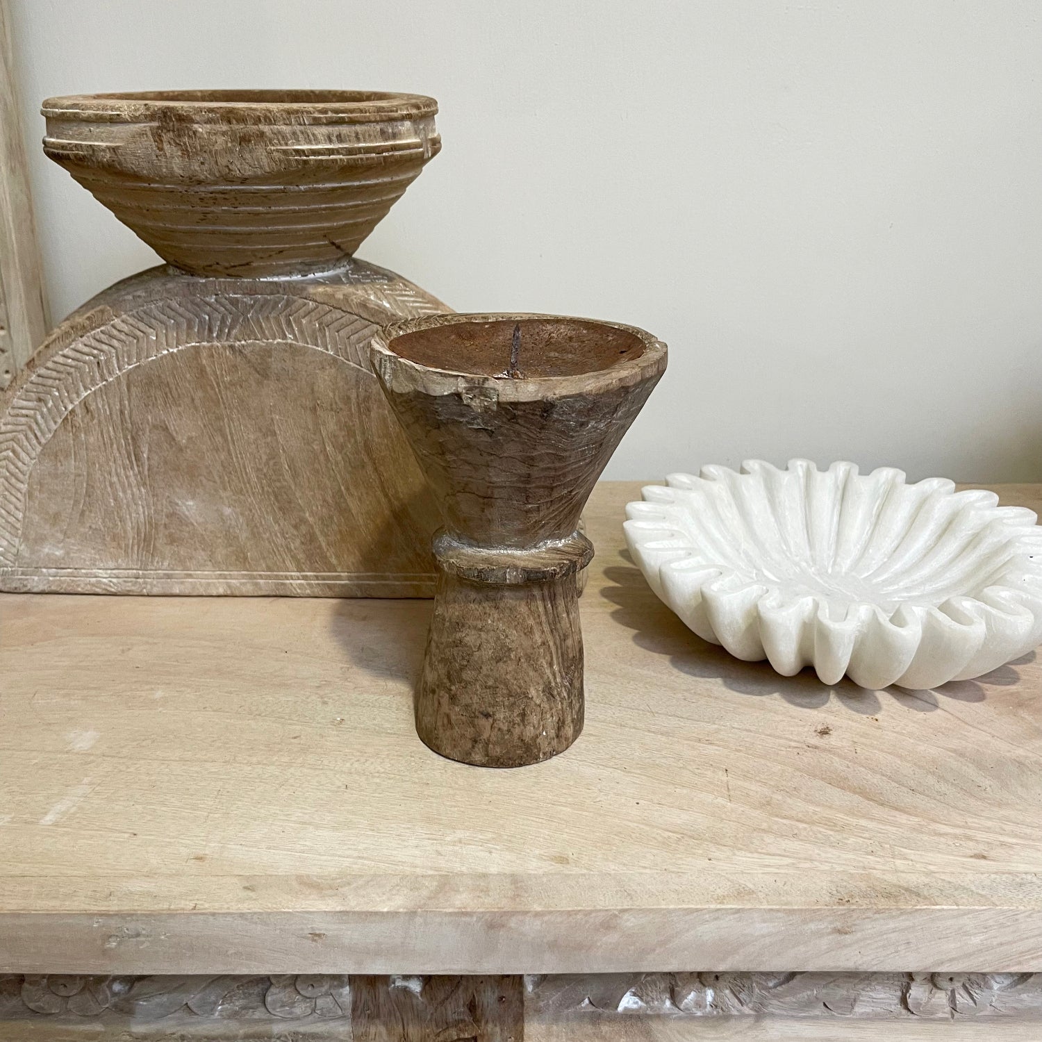 Round Indian Wooden Seeder Candle Holder - Assorted Designs