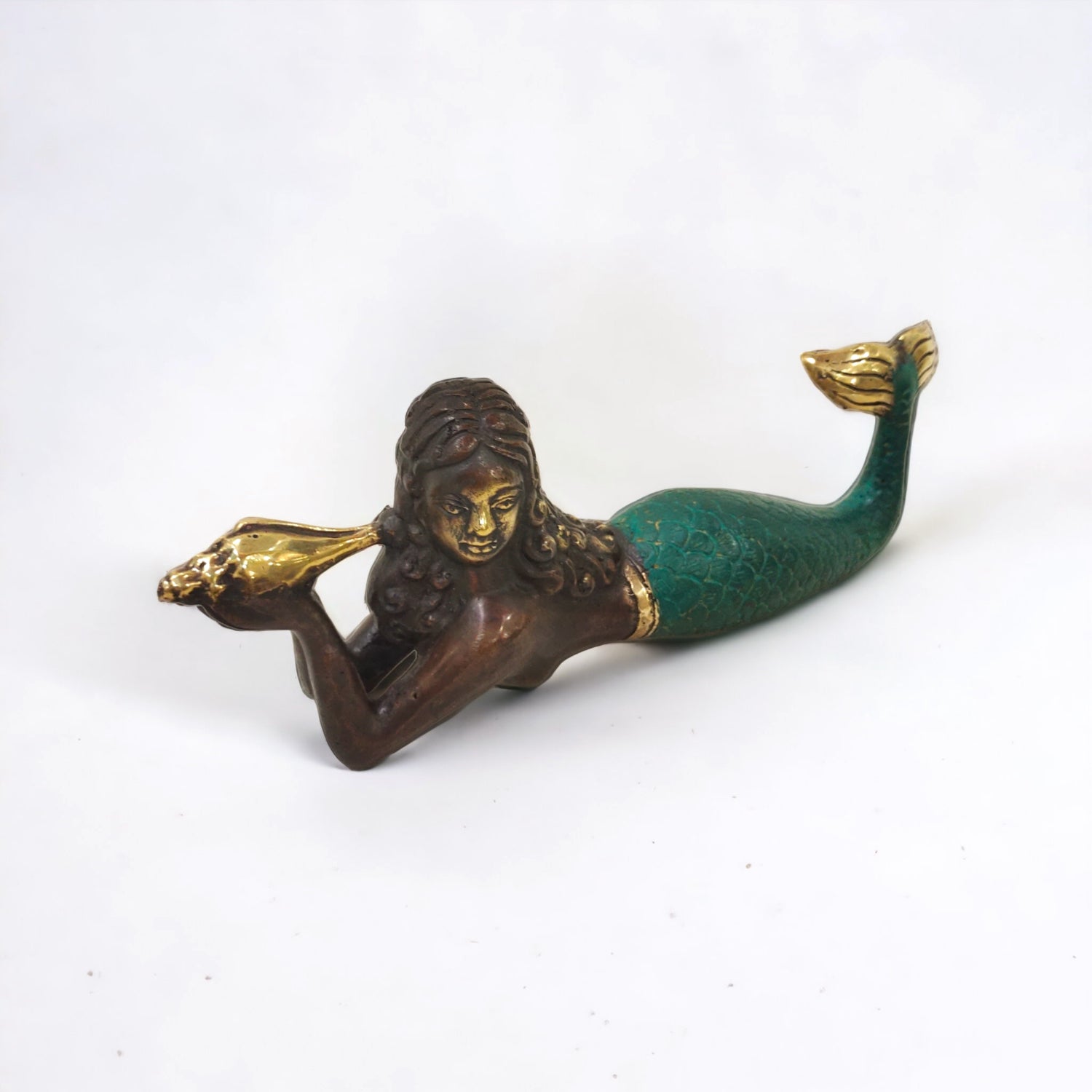 Large Green Brass Mermaid Laying
