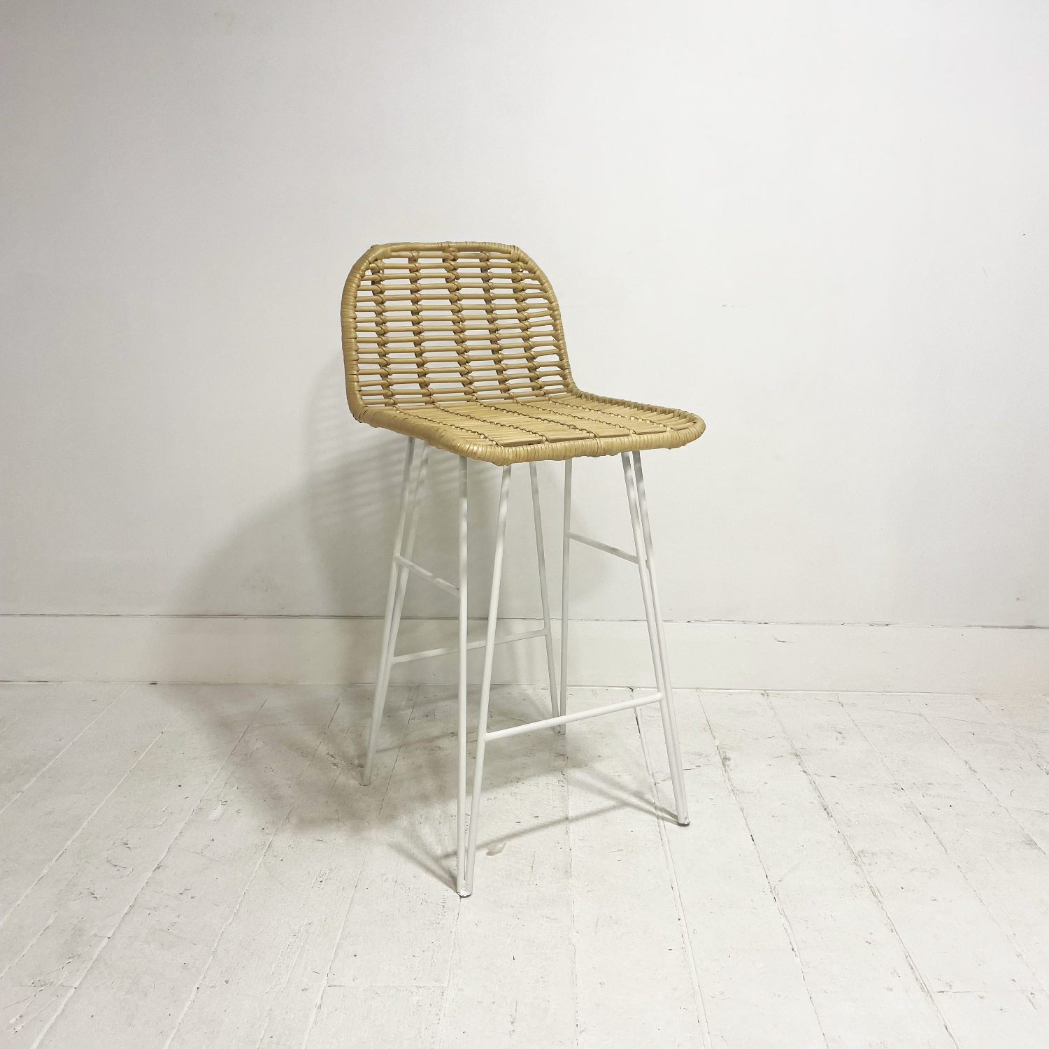 White Low Back Steel + Rattan Counter Stool