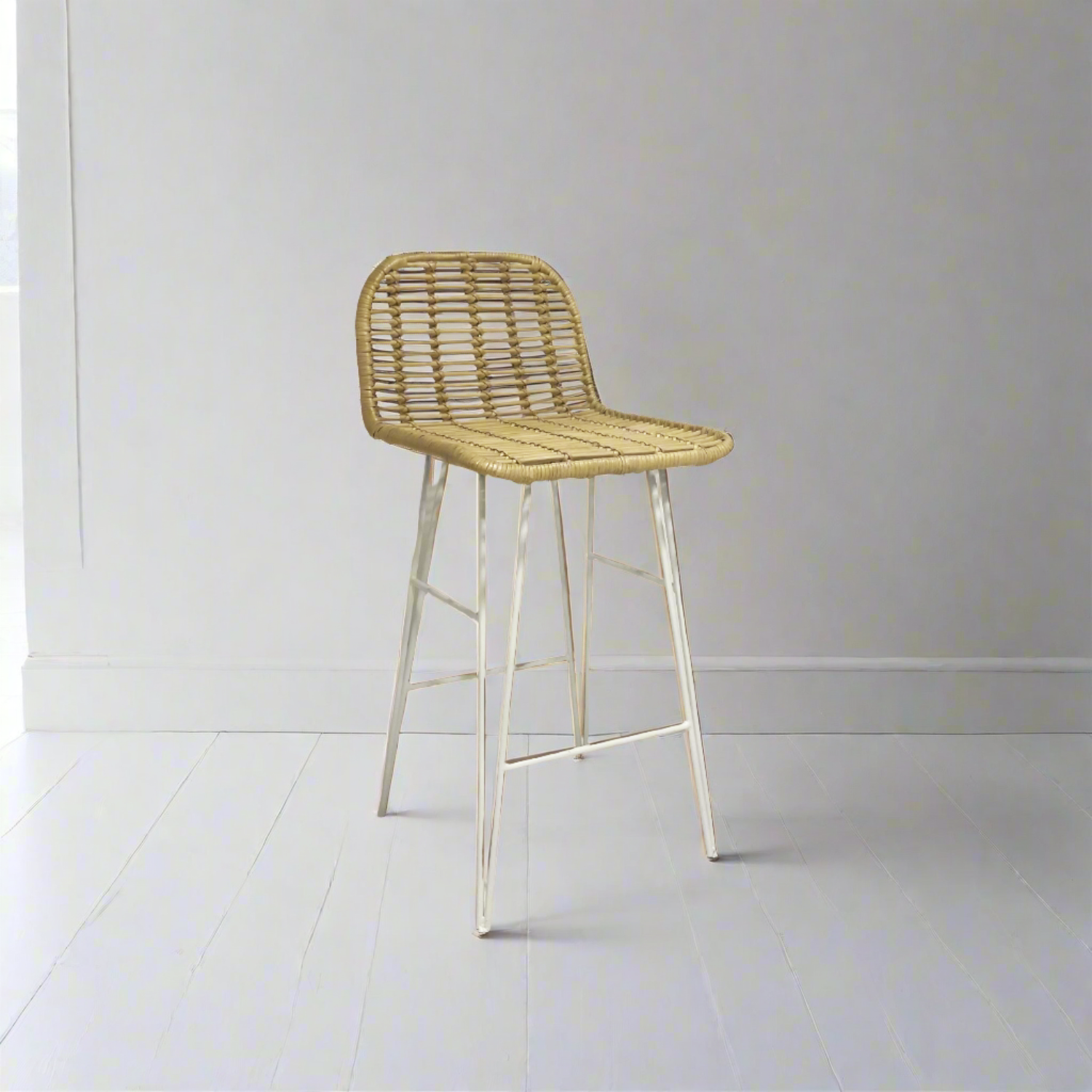 White Low Back Steel + Rattan Counter Stool