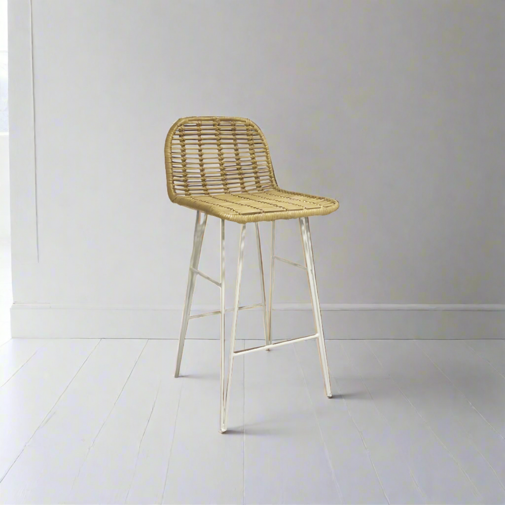 White Steel + Rattan Counter Stool with Low Back – Paradise Living Co.