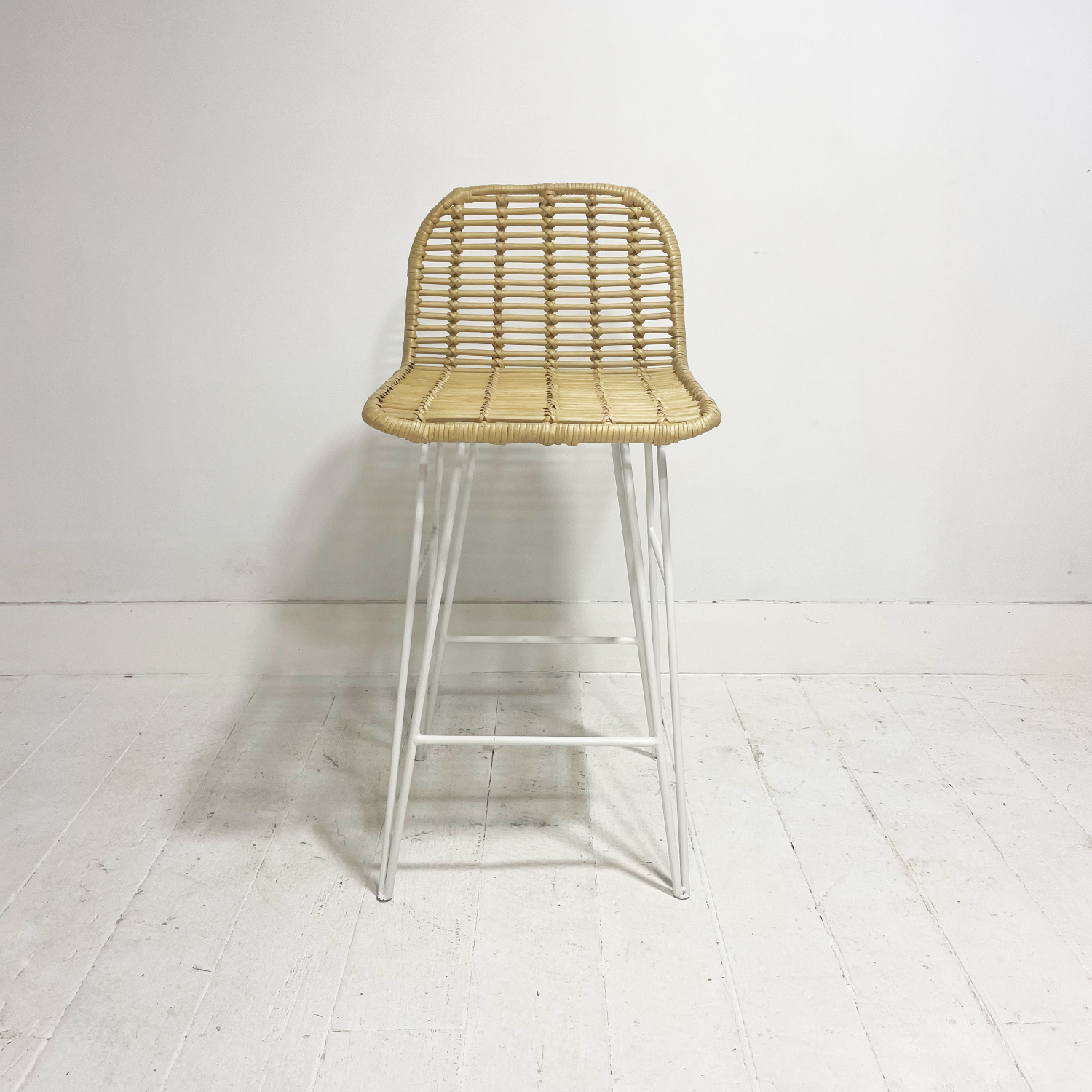 White Low Back Steel + Rattan Counter Stool