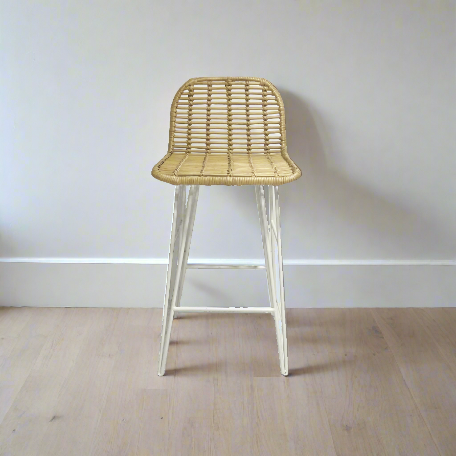 White Low Back Steel + Rattan Counter Stool