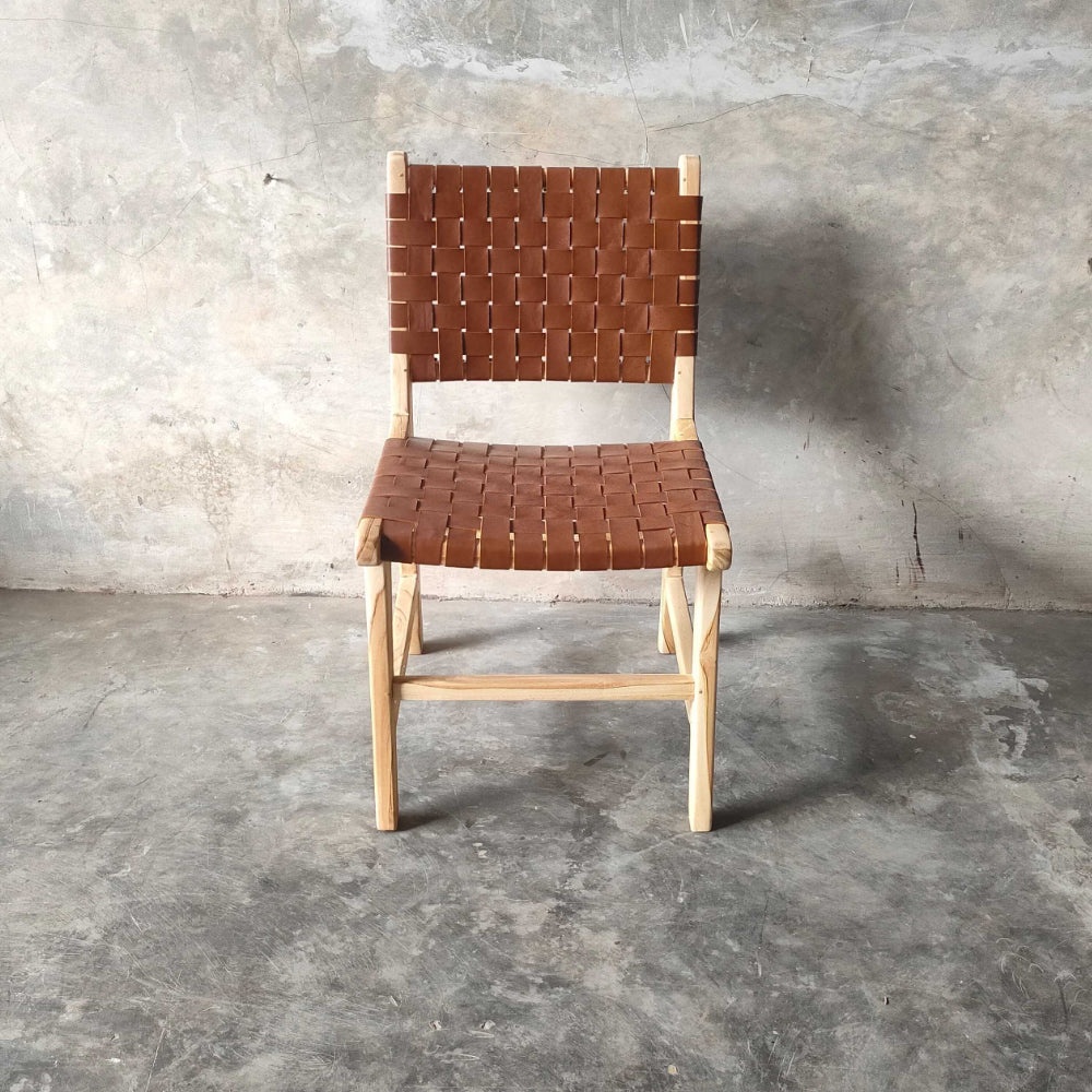 Woven Leather Teak Dining Chair Set of