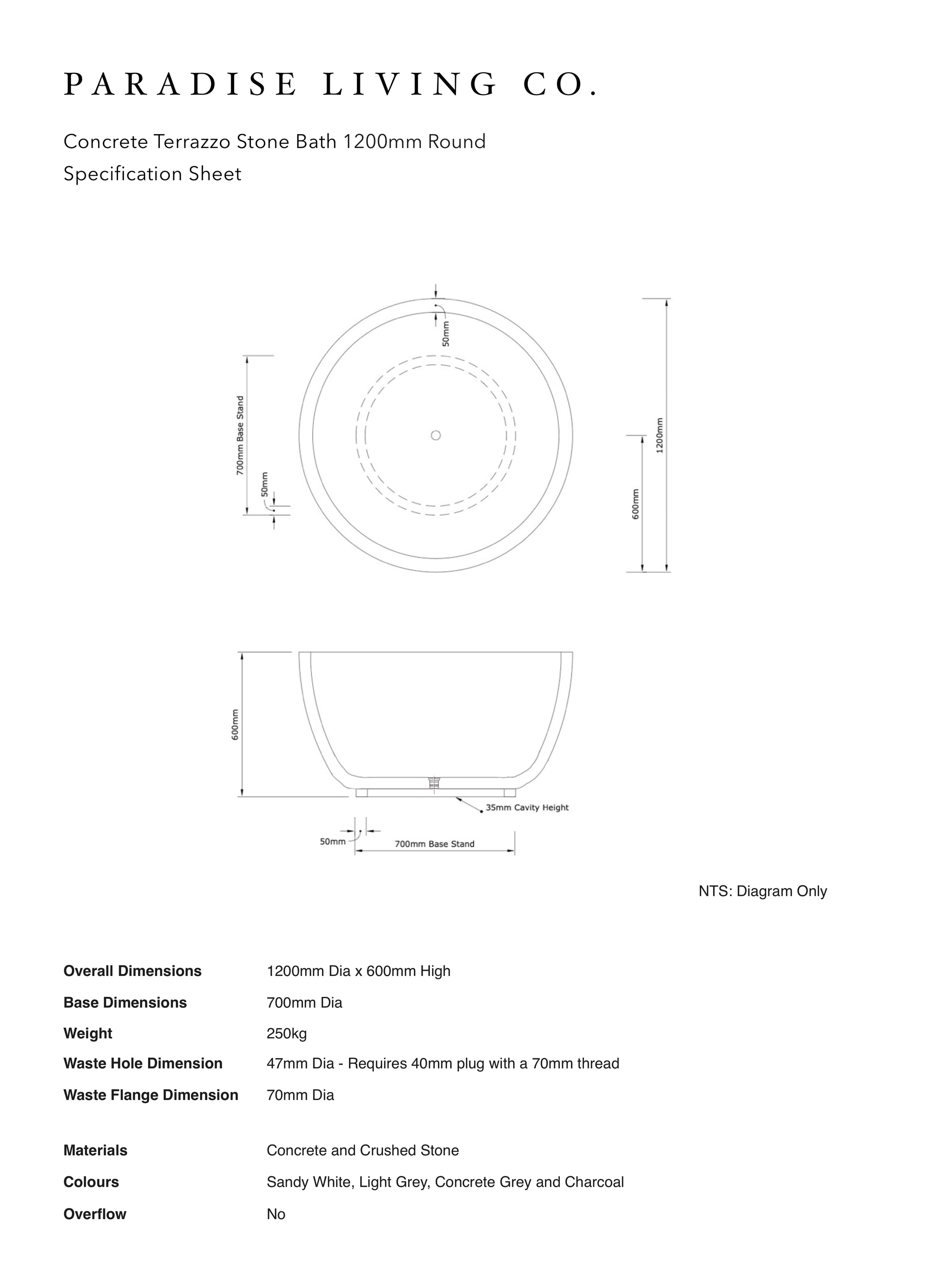 Round Concrete Terrazzo Stone Bath 1200mm - Mid Grey