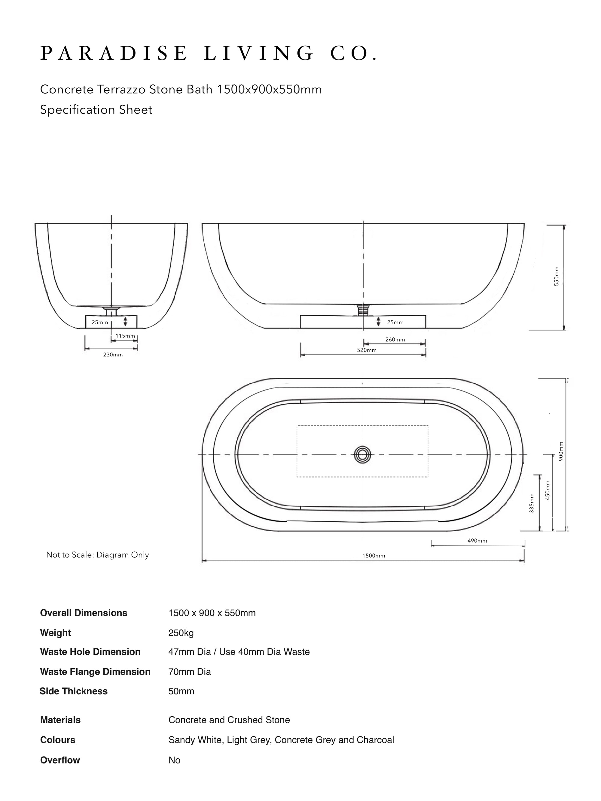 Oval Concrete Terrazzo Stone Bath 1500x900x550mm - Sandy White