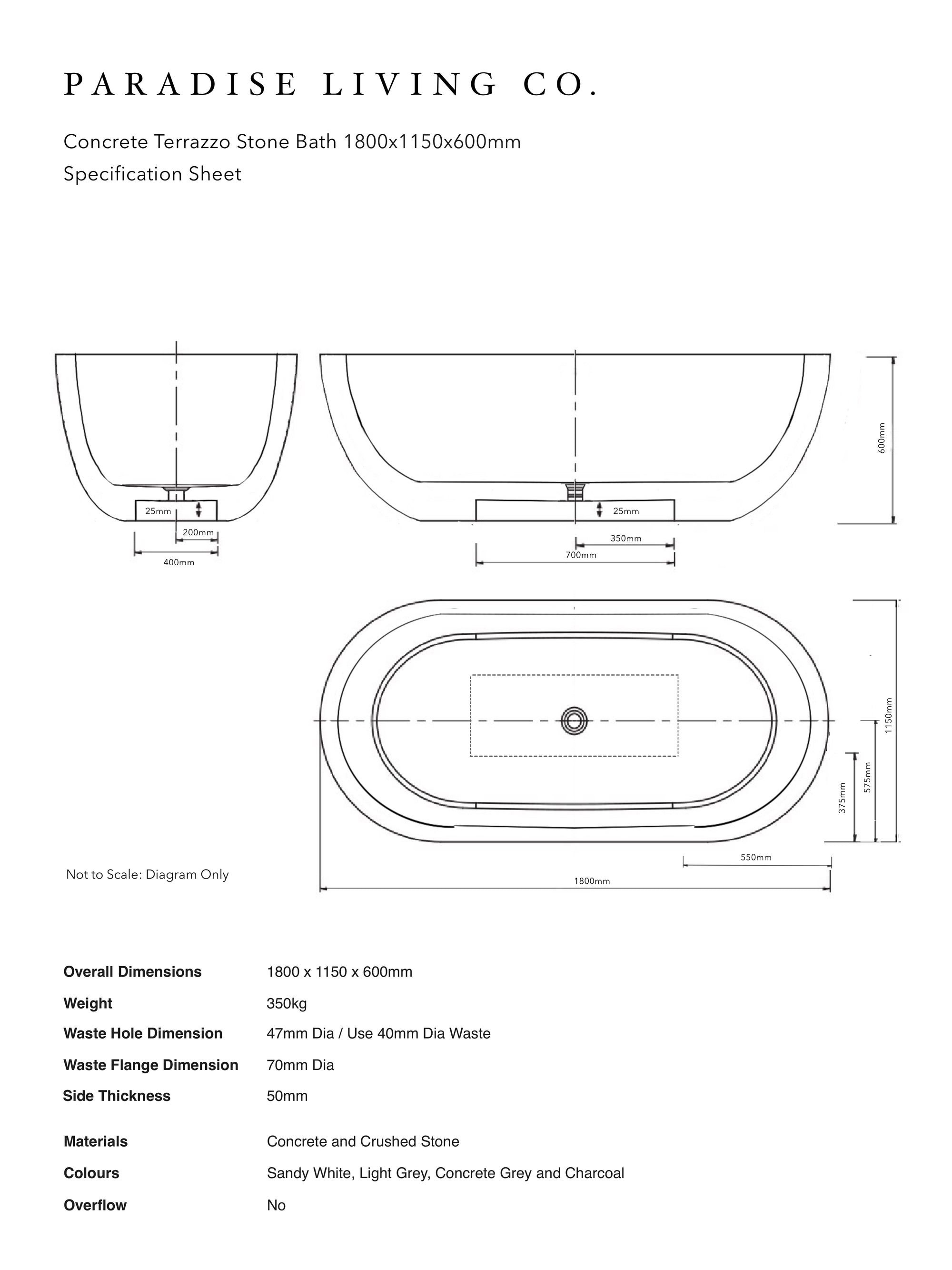 Oval Concrete Terrazzo Stone Bath 1800x1150x600mm - Light Grey