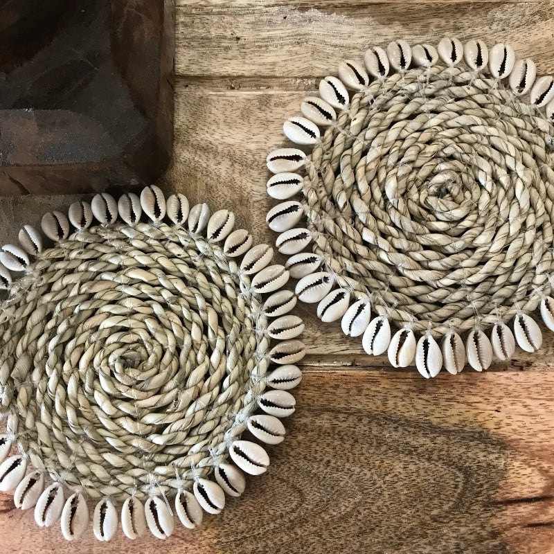 Shell Rim Coasters Natural Woven & Cowrie Shell Coasters – Paradise Living Co.