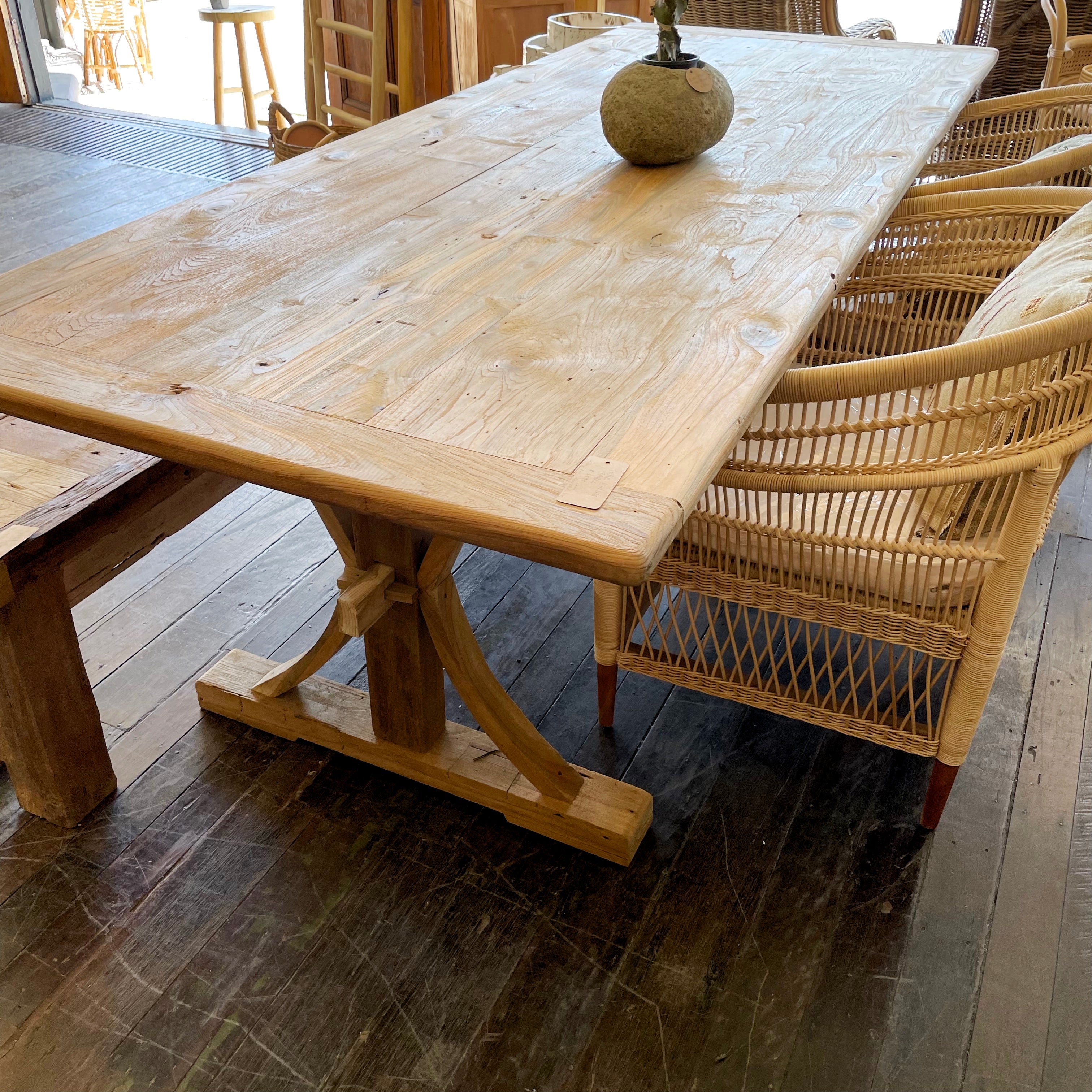 Teak Timber Curved Cross Leg Dining Table 2m x 1m