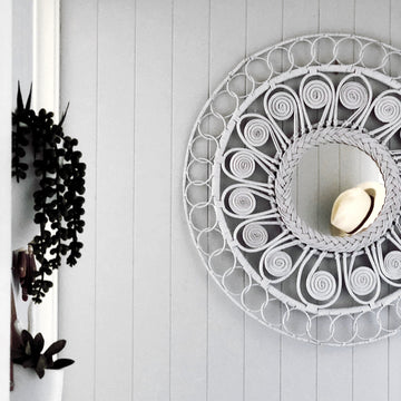White Decorative Round Rattan Mirror
