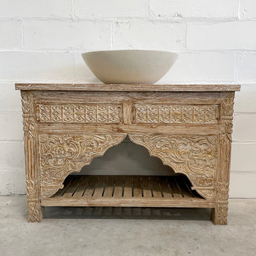 PREORDER - Kalak White Wash Carved Teak Vanity 120cm