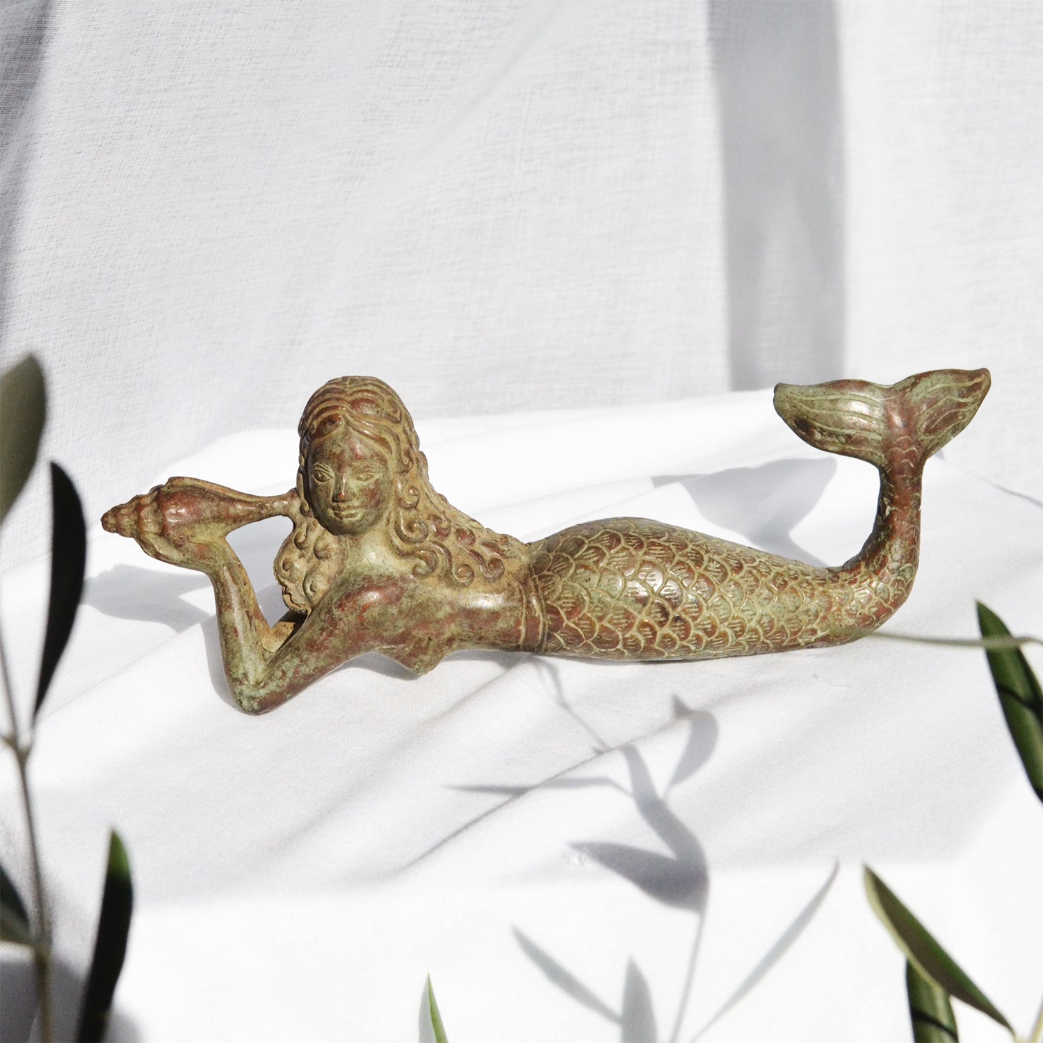 Large Aged Brass Mermaid Laying