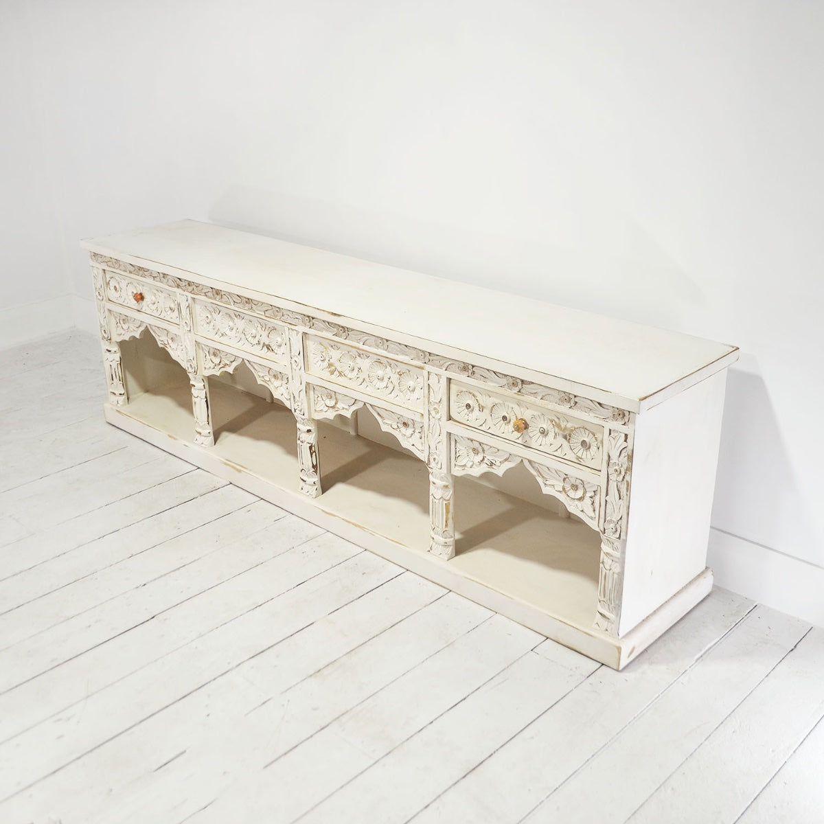 Low Indian White Wash Arch Timber Sideboard 200cm