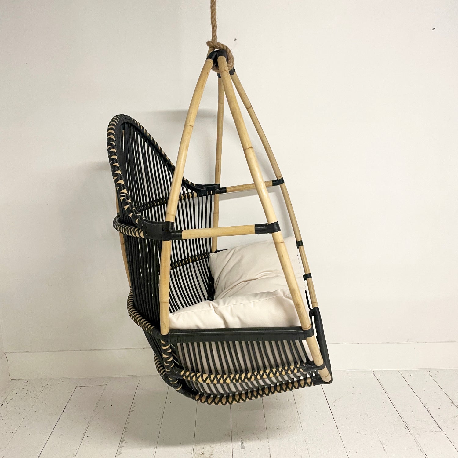 PREORDER - Round Single Cane Hanging Chair - Black &amp; Natural