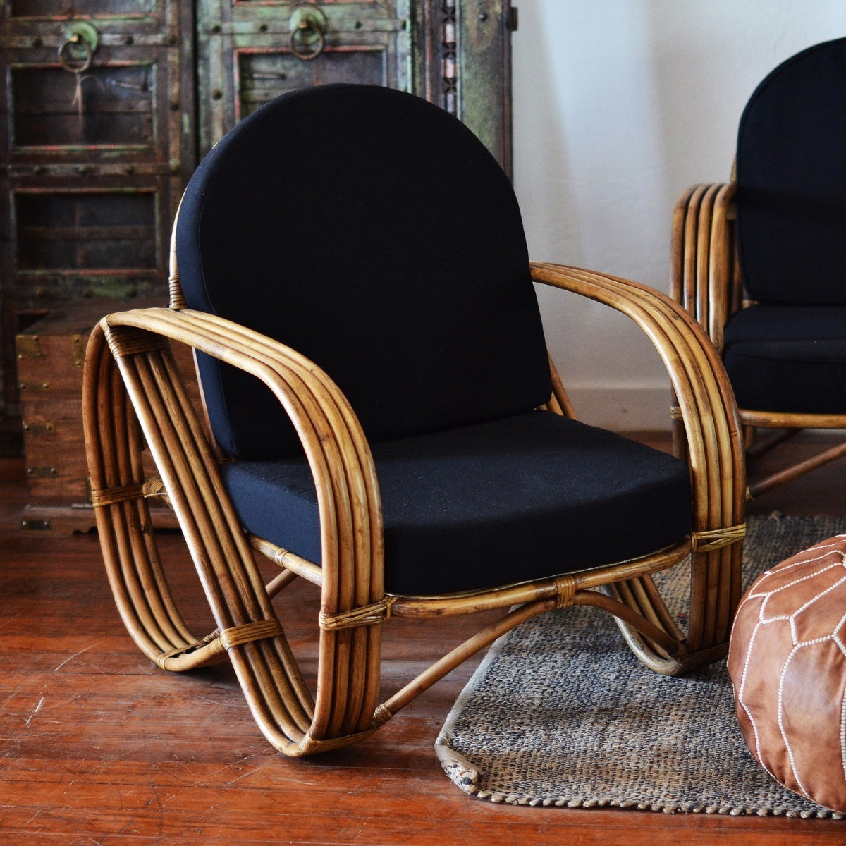 Caramel Pretzel Rattan Arm Chair - Black Cushion