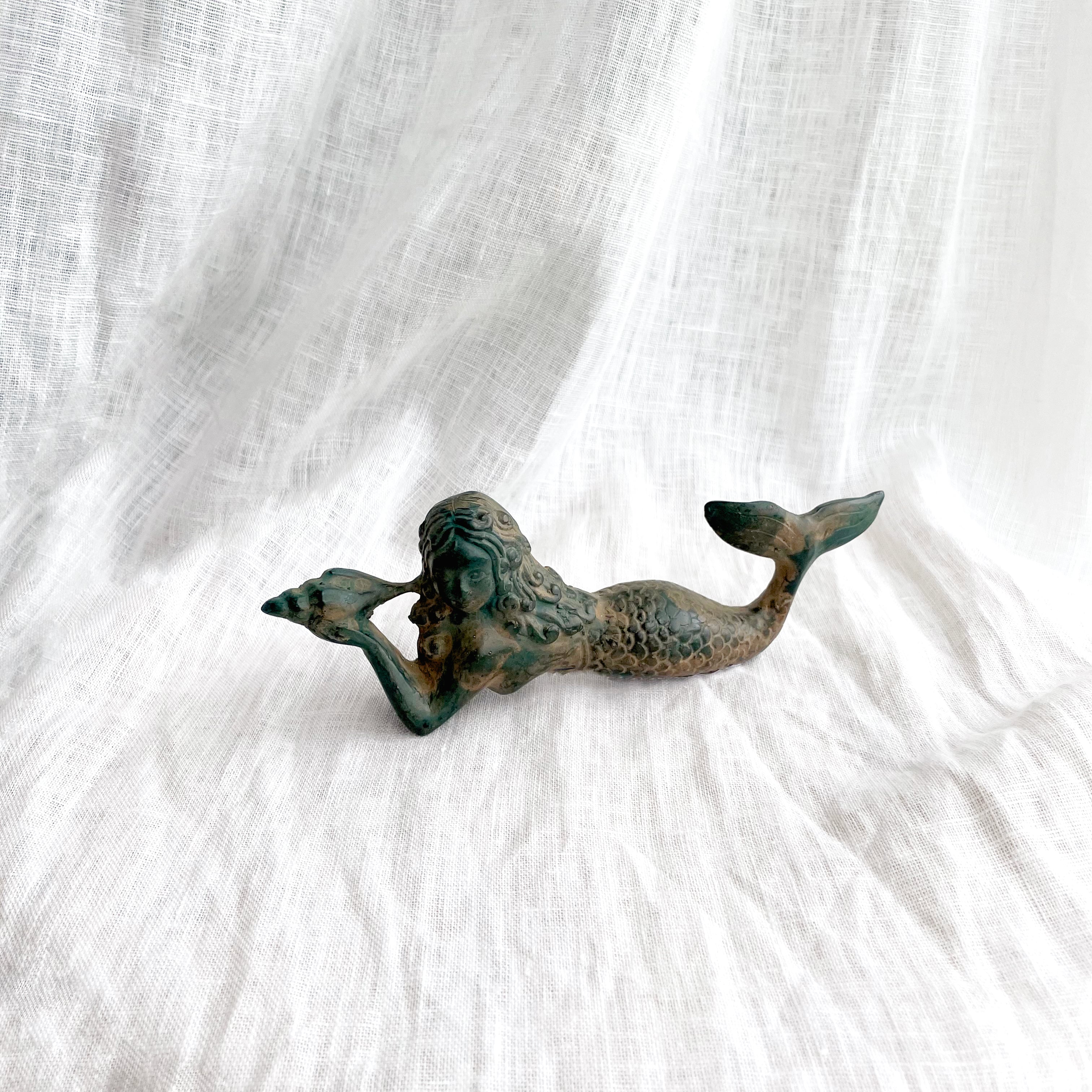 Small Aged Brass Mermaid Laying